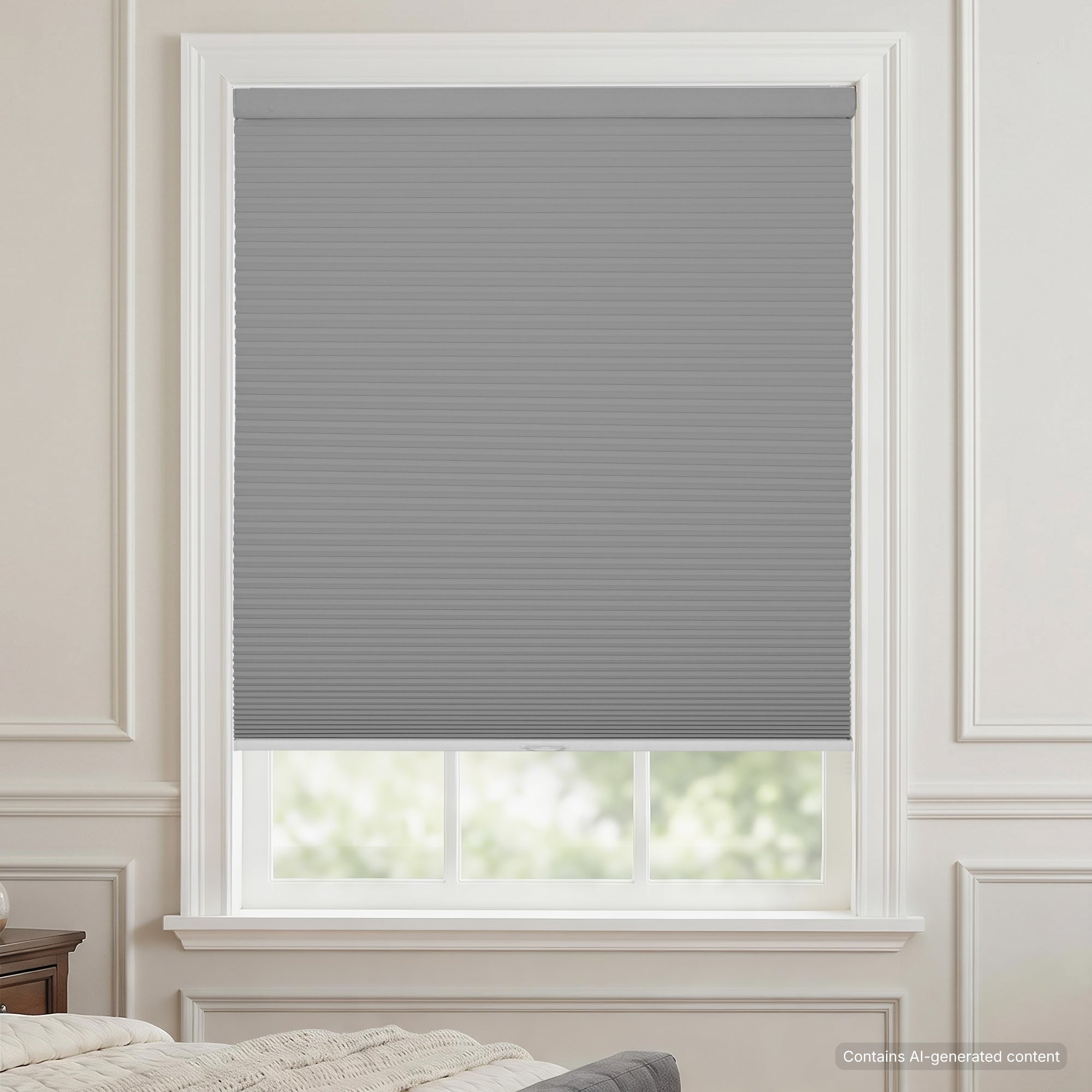 cordless no drill cellular shade for large and wide windows in minimalist gray, full blackout, creating a cozy, restful bedroom ambiance | hestia blinds