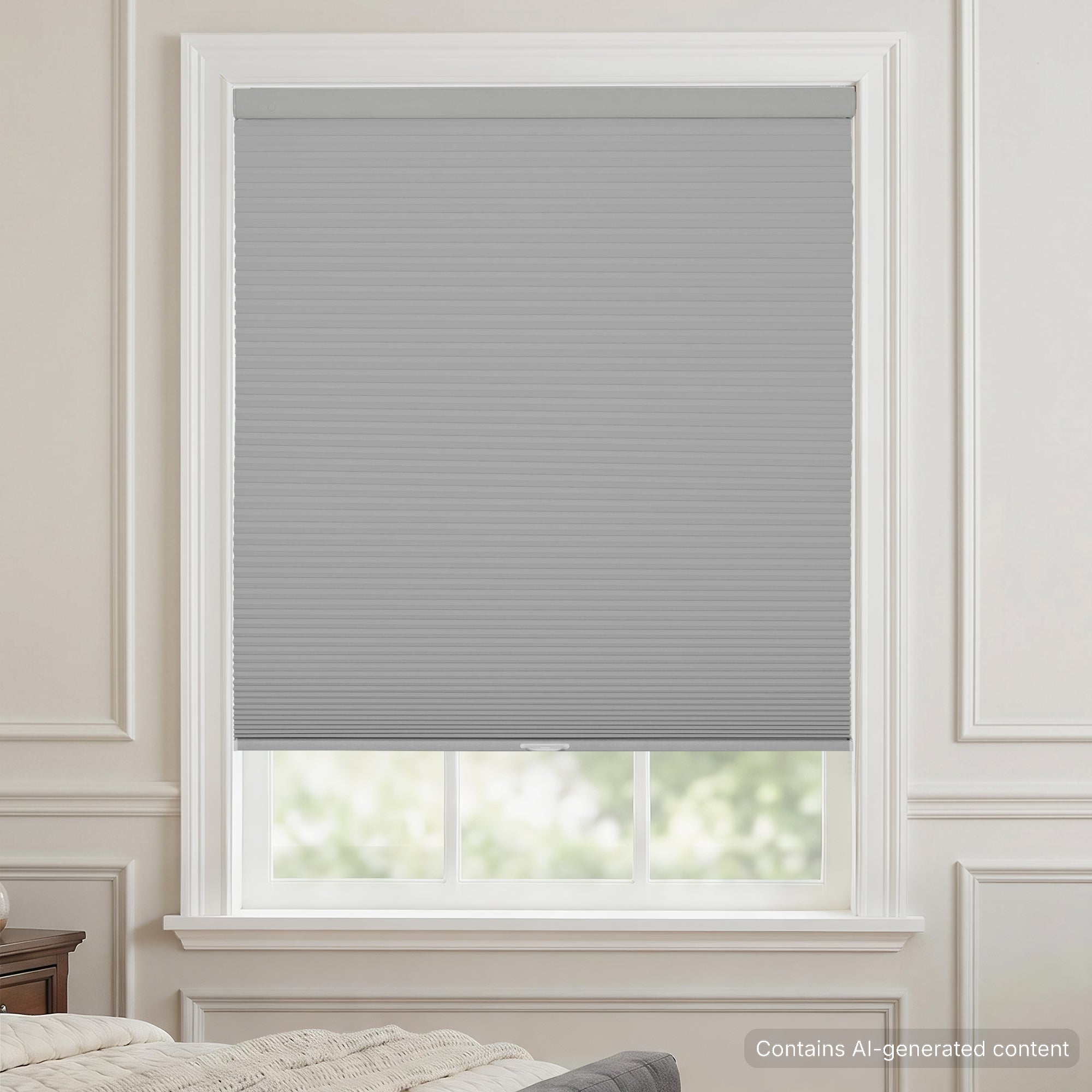 cordless no drill cellular shade for large and wide windows in minimalist gray, full blackout, creating a cozy, restful bedroom ambiance | hestia blinds
