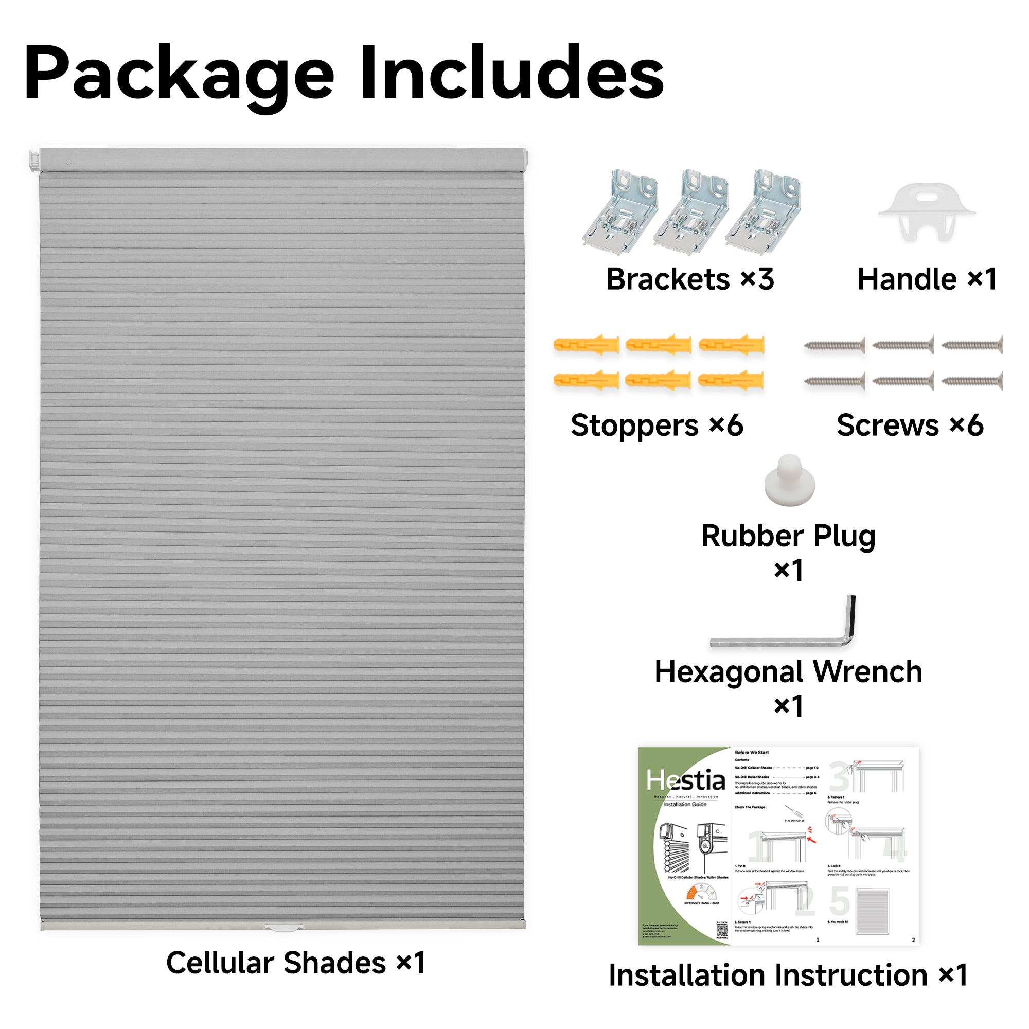 package contents for the cordless no drill cellular shade for large and wide windows , showing all included parts and accessories | hestia blinds