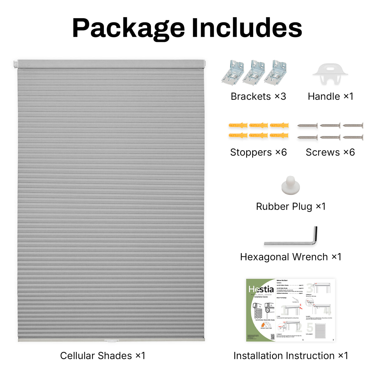 package contents for the cordless large-cell insulated cellular shades , showing all included parts and accessories | hestia blinds