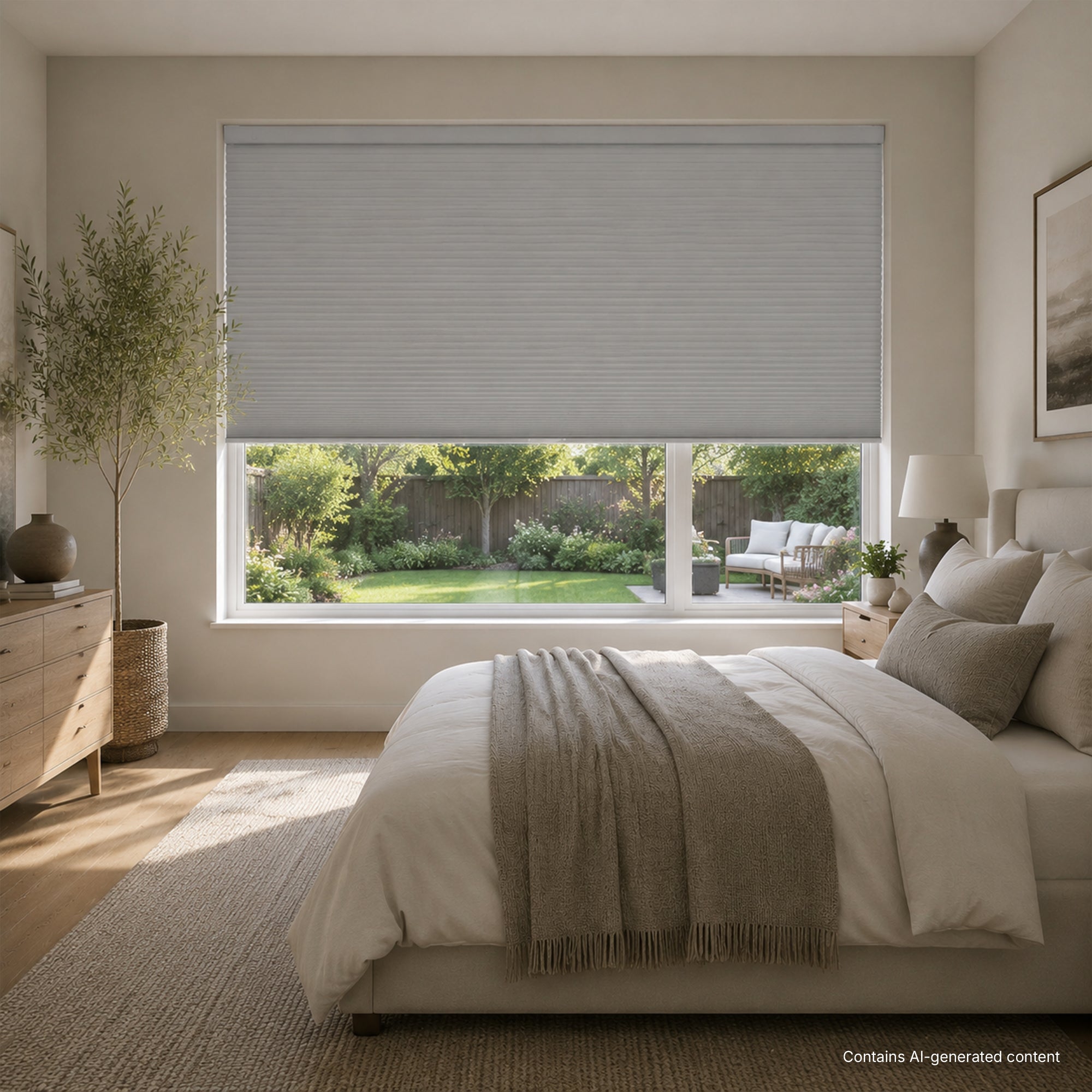 large cell honeycomb shades with fabric-wrapped rails for picture window in bedroom | hestia blinds