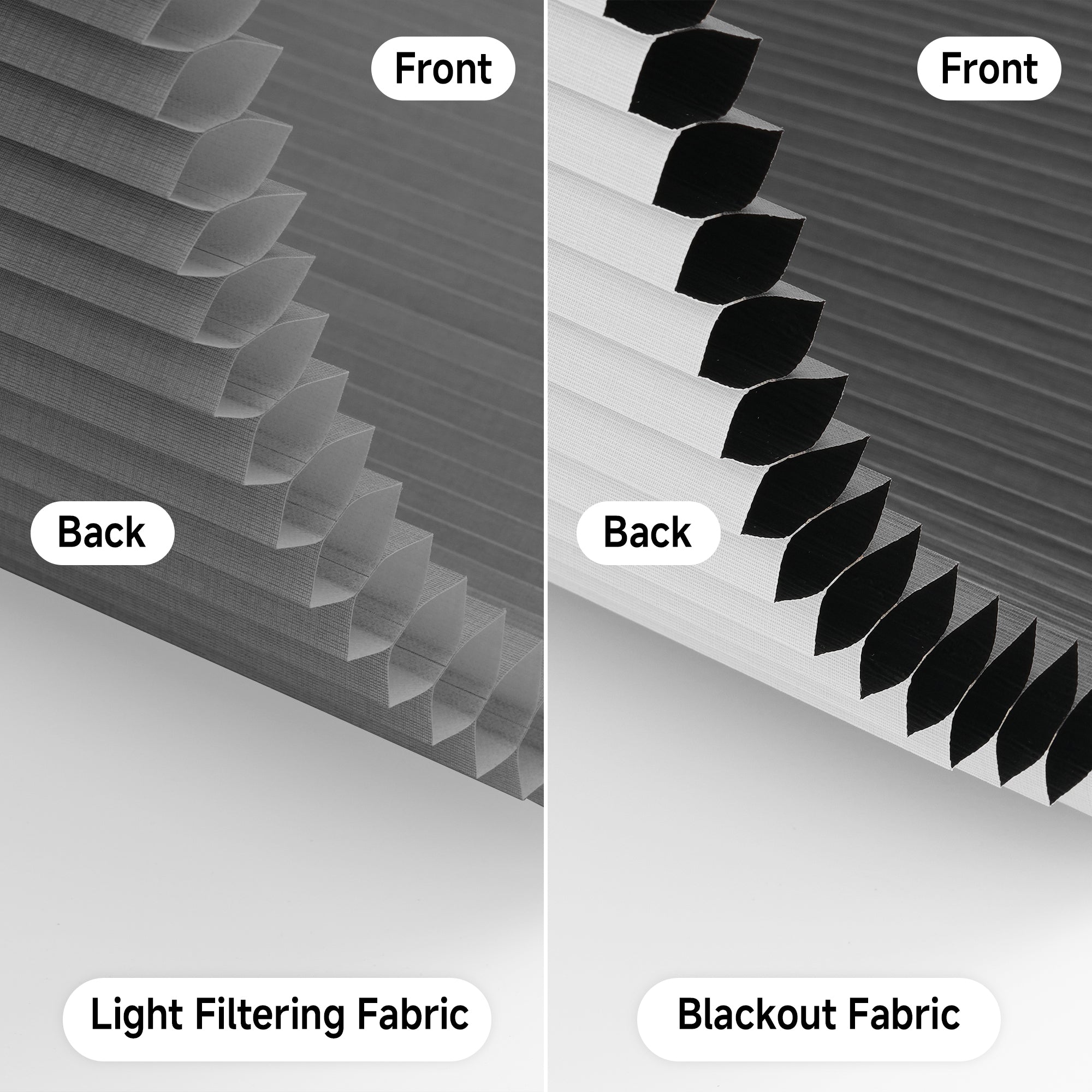 cordless no drill cellular shade for large and wide windows close-up, left light-filtering with same color front and back in minimalist gray, right full blackout with gray front and white back | hestia blinds
