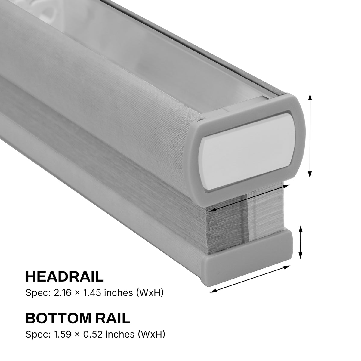cordless large-cell insulated cellular shades side view, showing headrail and bottom rail width and height | hestia blinds
