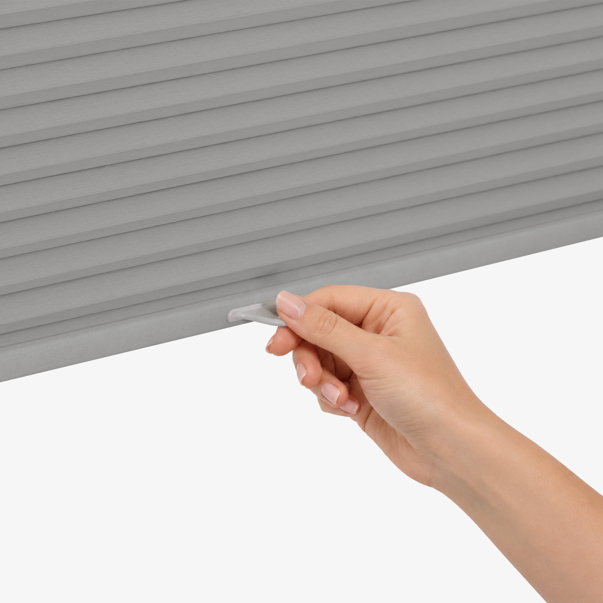 handle for cordless operation on no drill large cell honeycomb blinds | hestia blinds