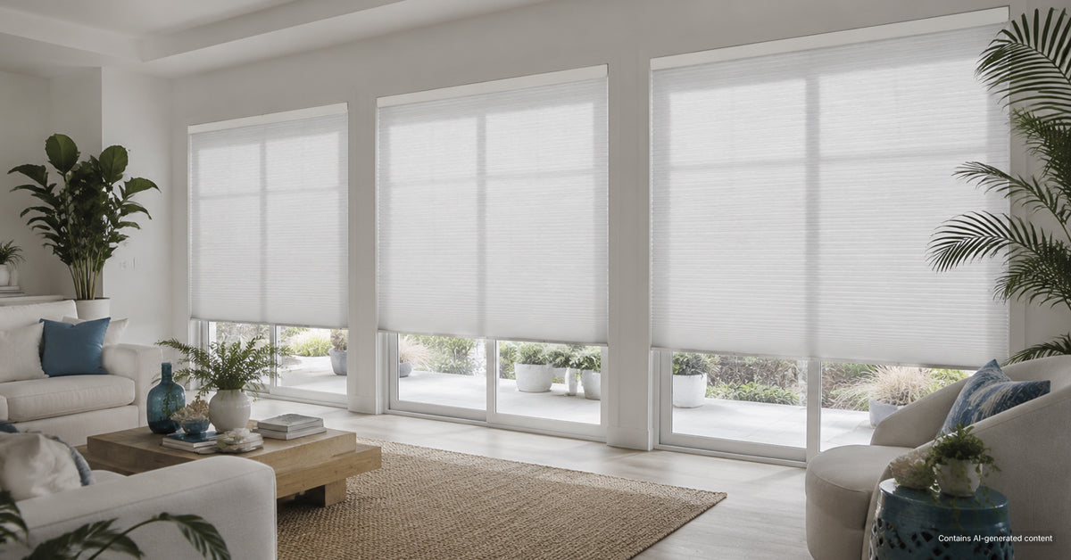 cordless light filtering large cell cellular shades for living room sliding glass doors | hestia blinds