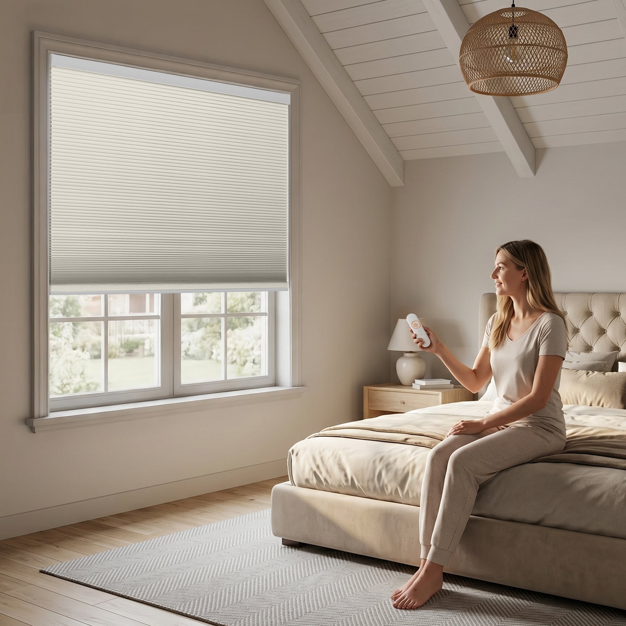 motorized cellular shades in a bright and neat bedroom, lifestyle image featuring remote-control operation by a model | hestia blinds