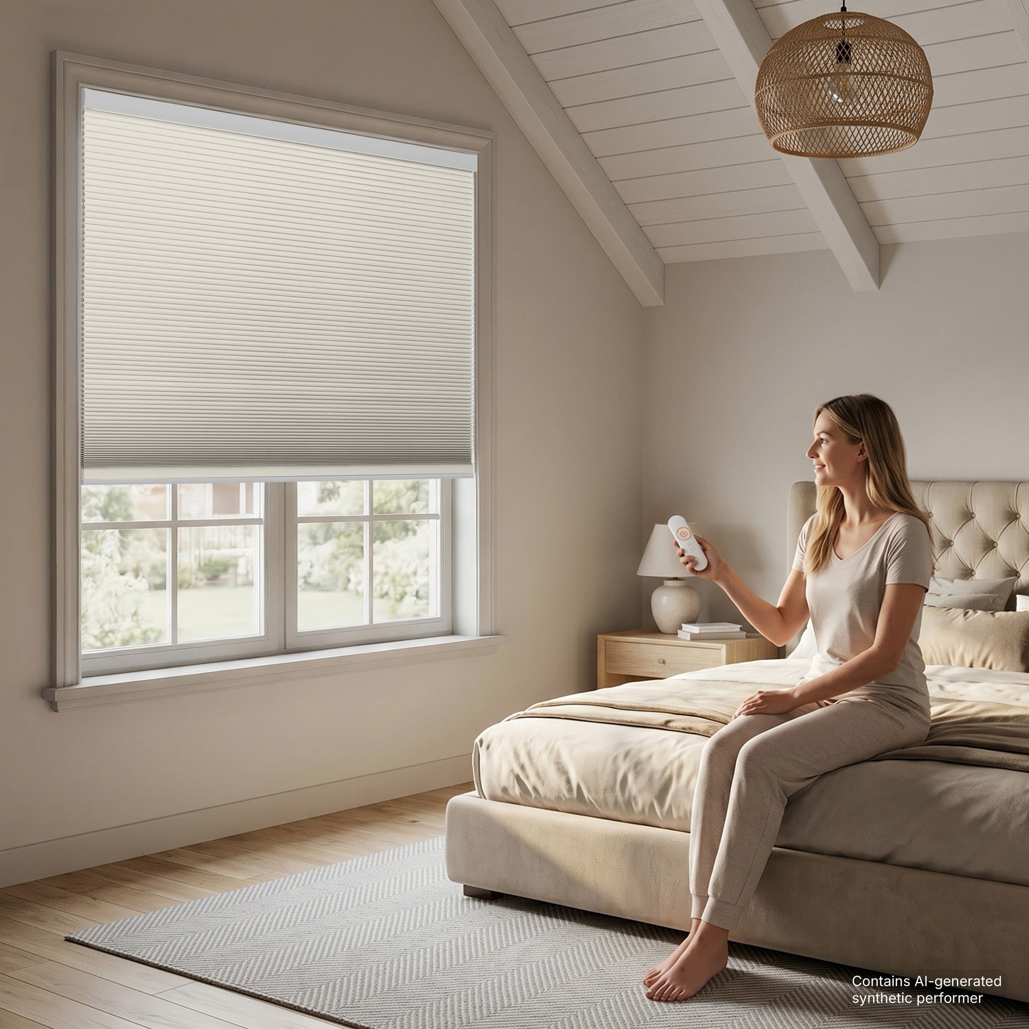 motorized cellular shades in a bright and neat bedroom, lifestyle image featuring remote-control operation by a model | hestia blinds