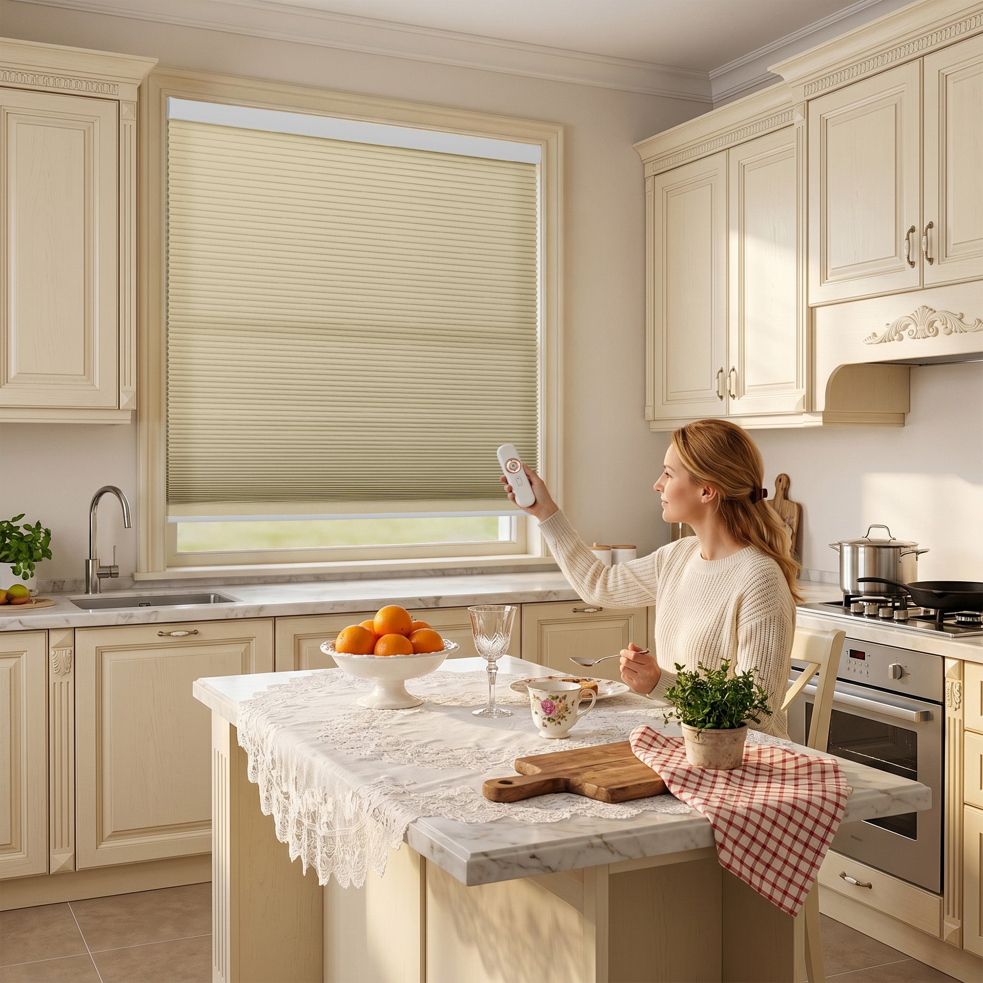 motorized cellular shades bringing soft natural light and everyday comfort to a welcoming kitchen | hestia blinds