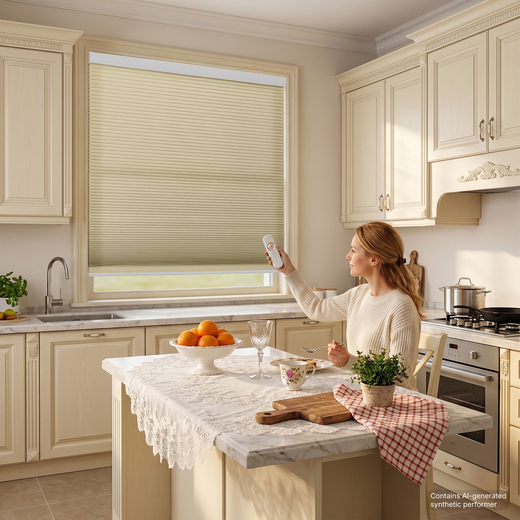 motorized cellular shades bringing soft natural light and everyday comfort to a welcoming kitchen | hestia blinds