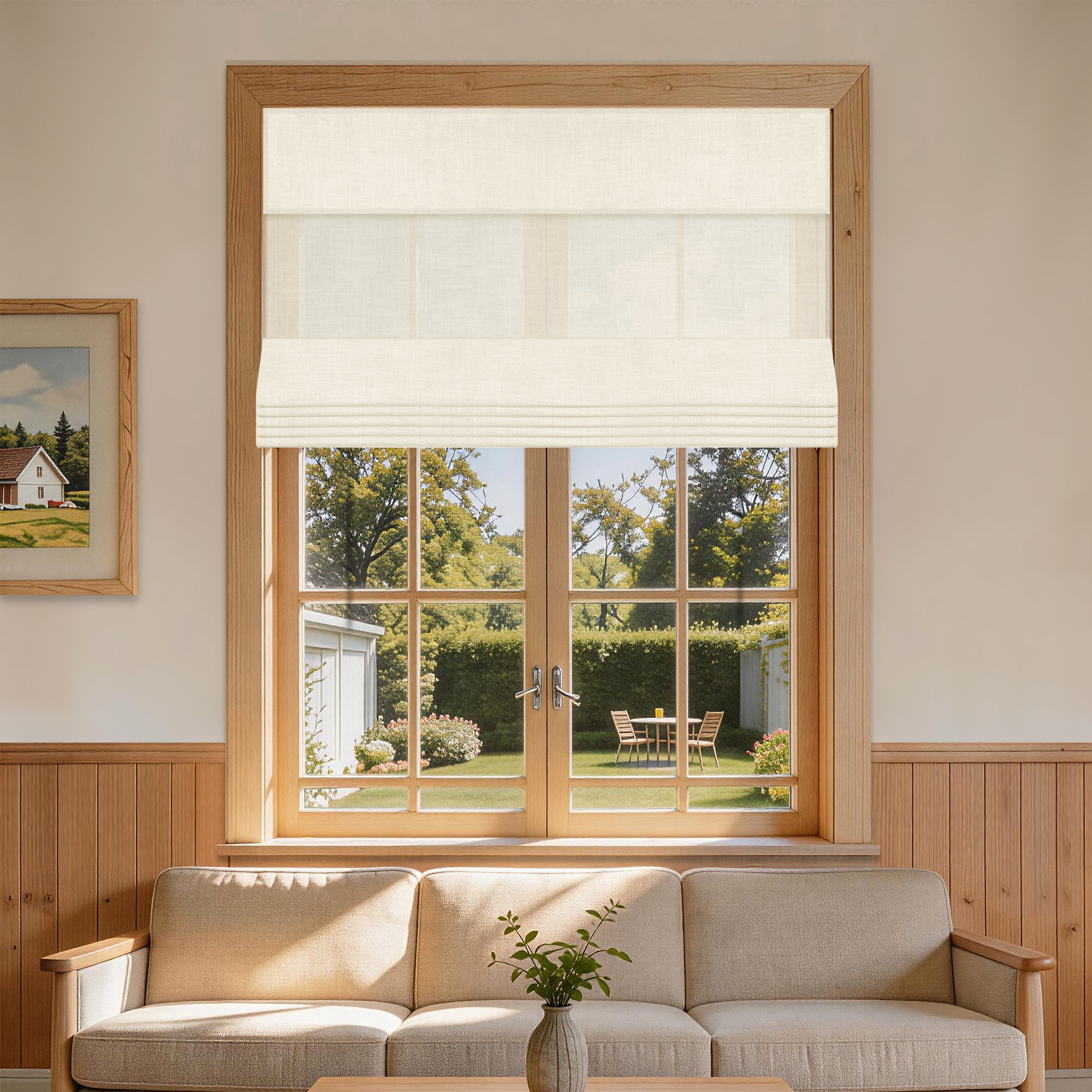 no drill light filtering natural linen roman shades in a rustic farmhouse living room with soft filtered sunlight | Hestia Blinds