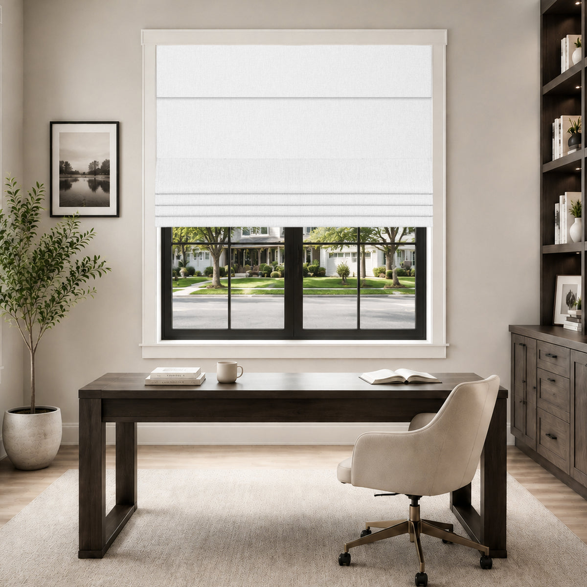 no drill blackout faux linen roman shades in a modern farmhouse reading room with airy brightness, greenery decor and soft daylight | Hestia Blinds