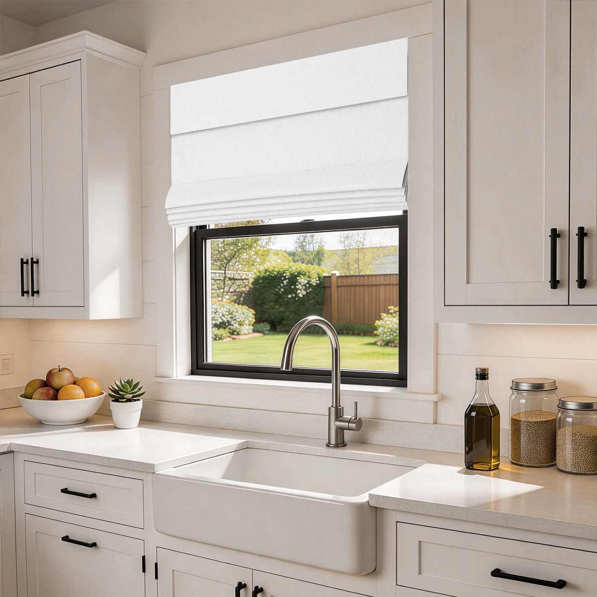 no drill blackout faux linen roman shades in a clean, modern farmhouse kitchen with airy white interiors and soft sunlight filtering through | Hestia Blinds