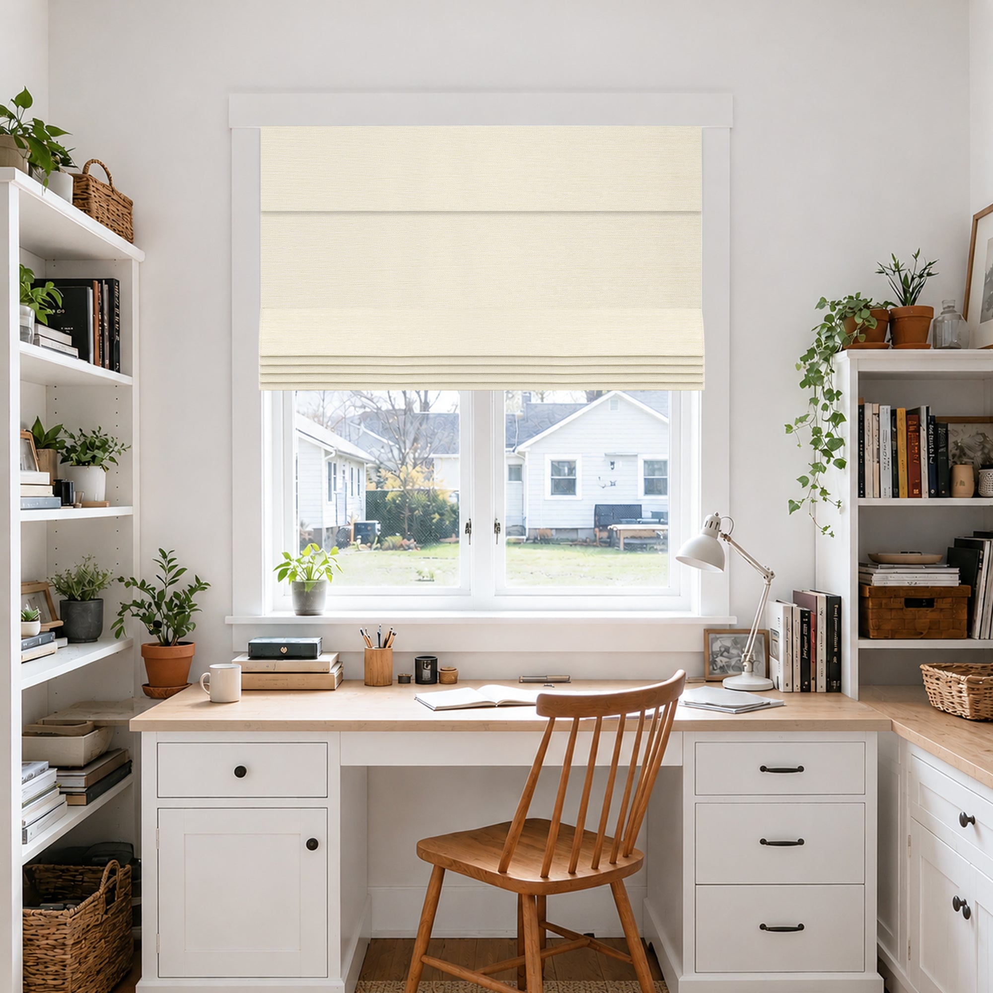 no drill modern blackout insulated roman shades in a bright minimalist study room with a calm, focused atmosphere | Hestia Blinds