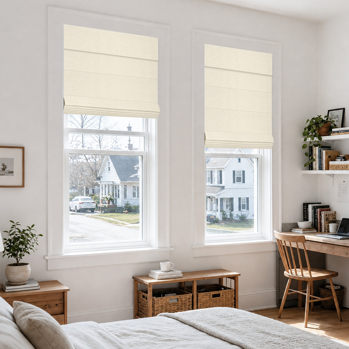 no drill modern blackout insulated roman shades in a bright minimalist bedroom with soft daylight and enhanced privacy | Hestia Blinds