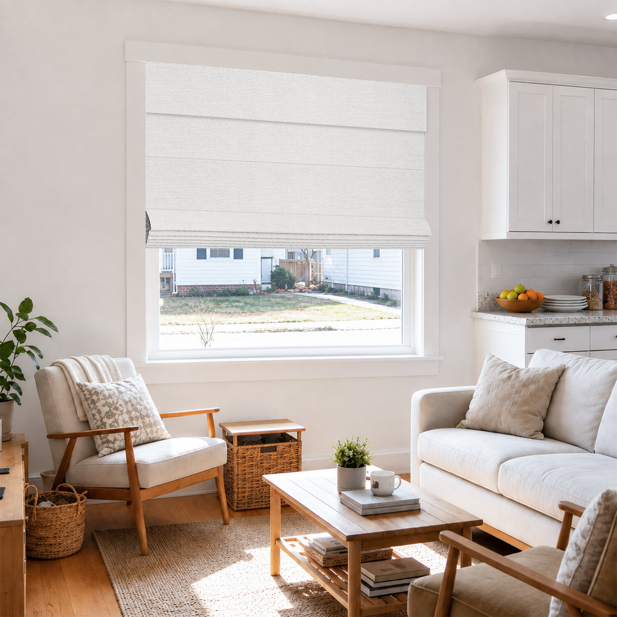 no drill modern blackout insulated roman shades in a warm minimalist living room with expansive window view and soft sunlit atmosphere | Hestia Blinds