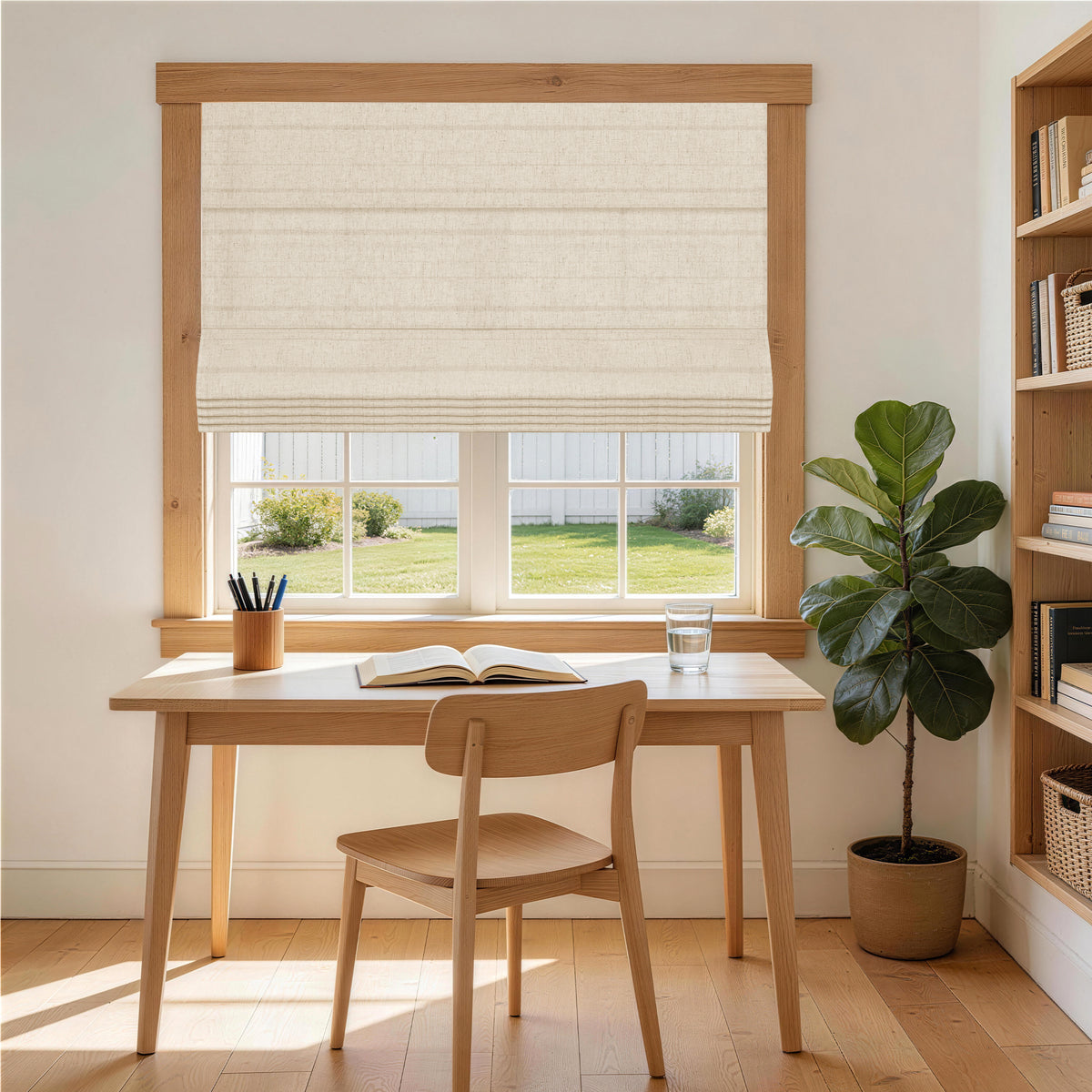 no drill light filtering faux linen roman shades in a farmhouse reading room with diffused sunlight and a quiet, inviting ambiance | Hestia Blinds