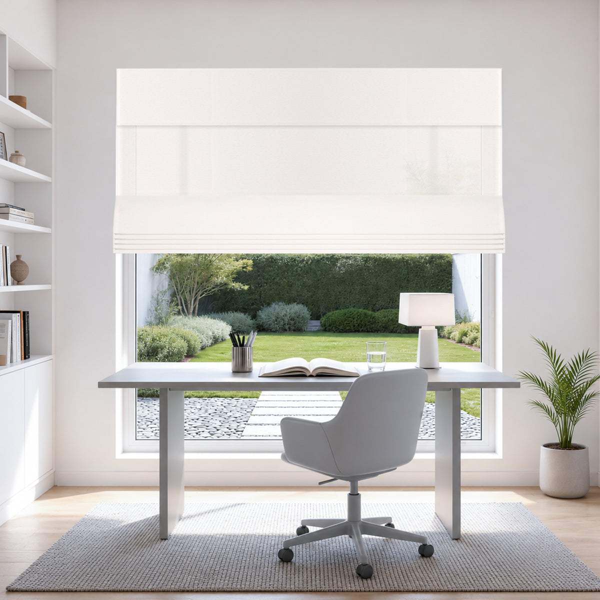 no drill light filtering privacy roman shades in a minimalist reading area with gentle daylight and a serene, refined mood | Hestia Blinds