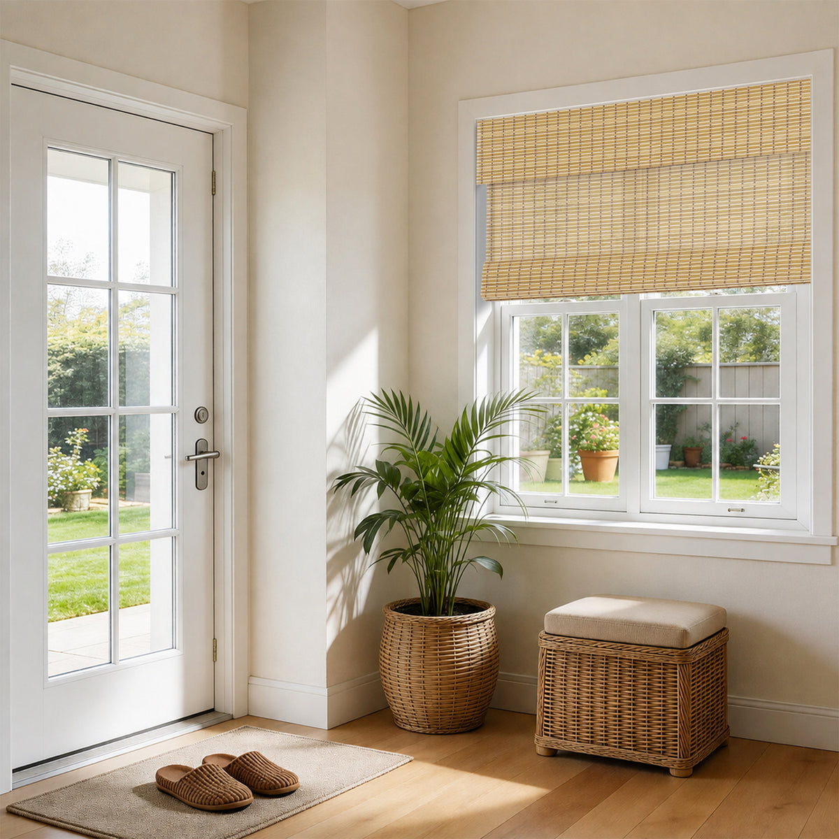 natural bamboo woven wood shades in a clean porch transition space, enhancing a warm, cozy connection between indoor and outdoor living | Hestia Blinds