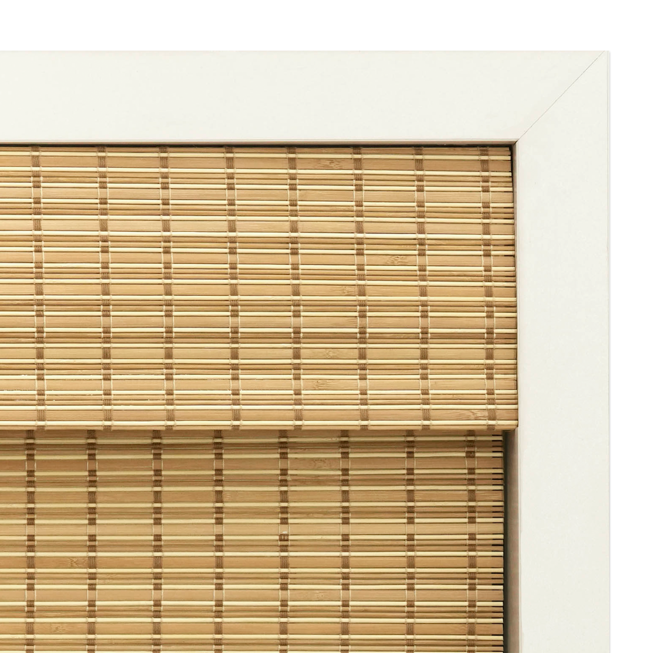 natural bamboo woven wood shades fully installed with smooth fit and refined clean top finish | Hestia Blinds