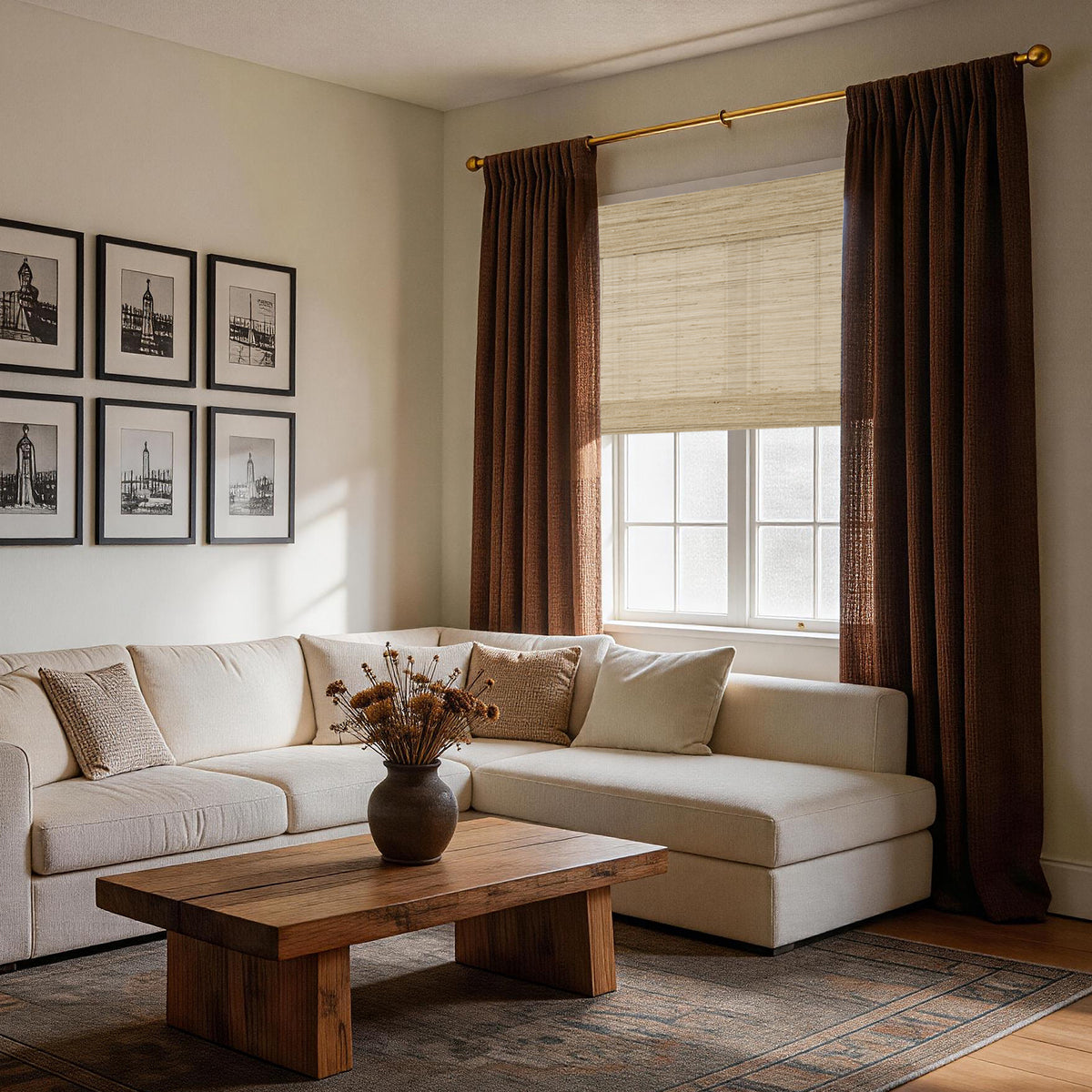 natural 100% ramie woven shades in a vintage living room with layered drapery, blending refined texture and boutique elegance in a clean, fashion-forward atmosphere | Hestia Blinds