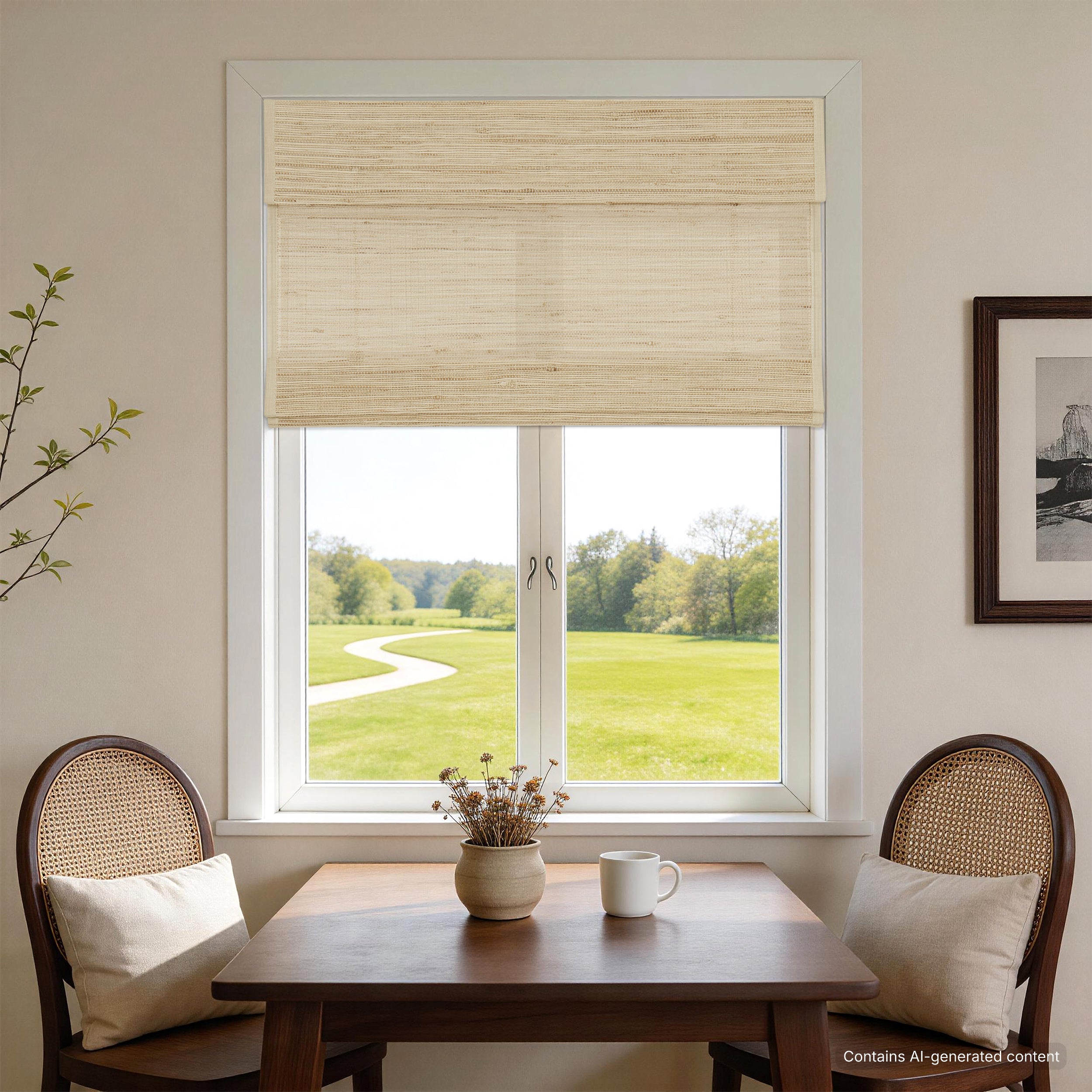 natural 100% ramie woven shades in a bright boutique-style window setting with a clean, elegant and airy atmosphere | Hestia Blinds