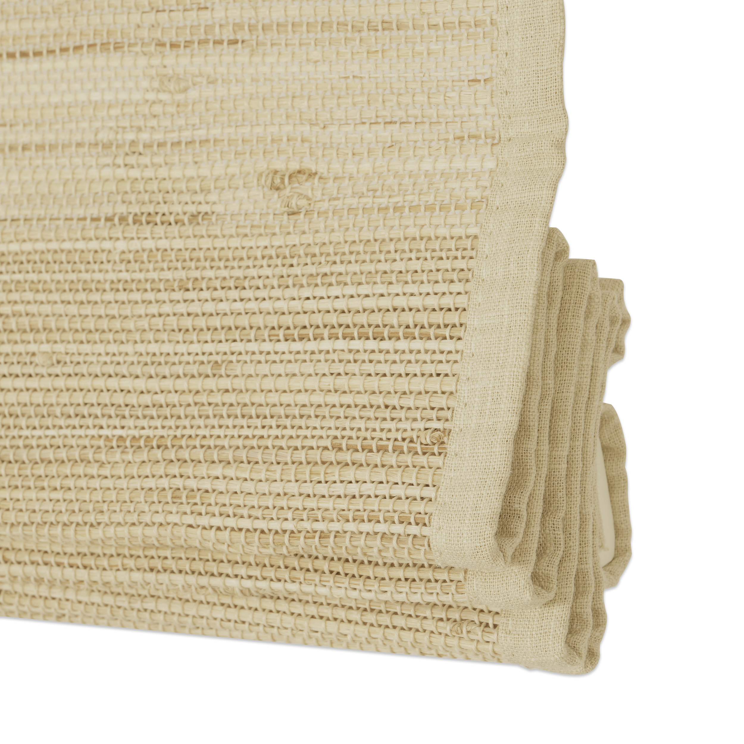 natural 100% ramie woven shades bottom detail in closed state with neat alignment and clean, structured appearance | Hestia Blinds