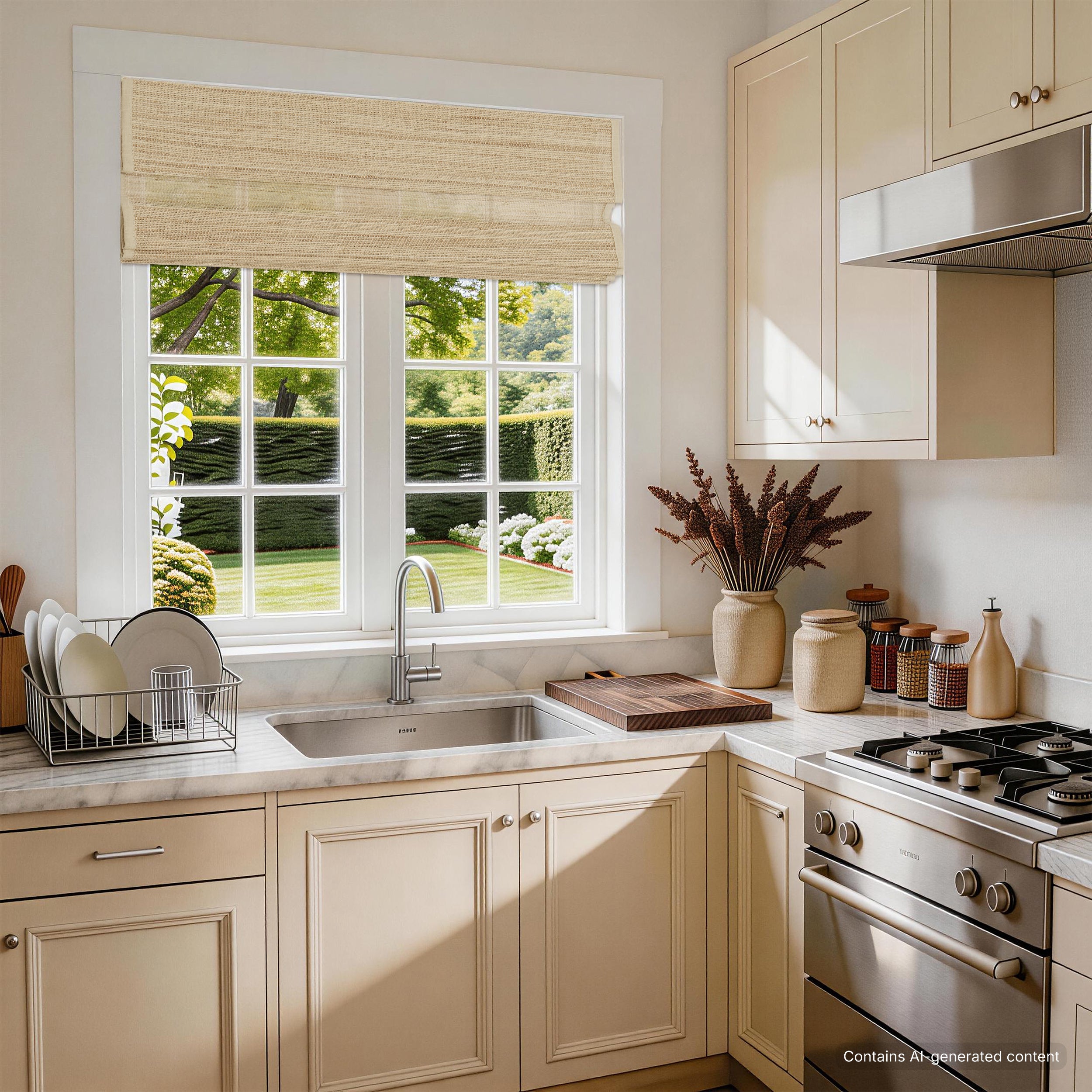 natural 100% ramie woven shades in a bright modern farmhouse kitchen, adding a warm, clean and inviting everyday atmosphere | Hestia Blinds