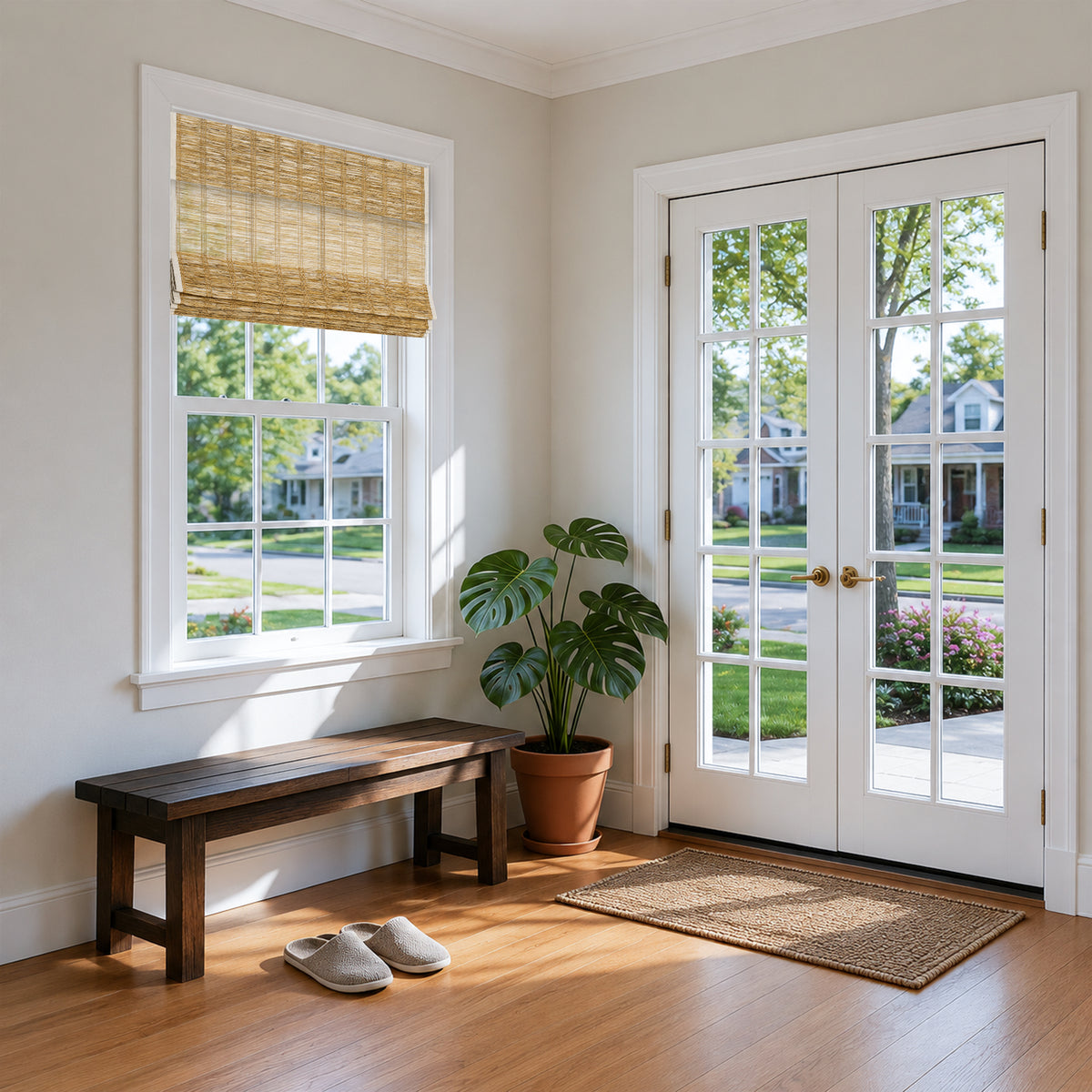 lay natural pure jute linen woven shades in a clean porch entryway, enhancing a breathable light filtering and modern farmhouse atmosphere | Hestia Blinds