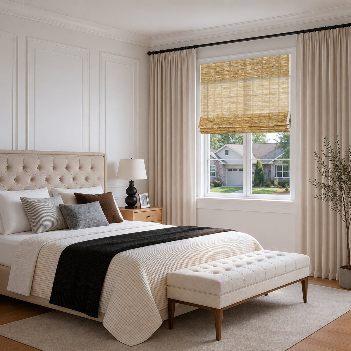 lay natural pure jute linen woven shades in a cozy modern bedroom with layered drapery, soft sunlight, and a calm, breathable sense of comfort and elegance | Hestia Blinds