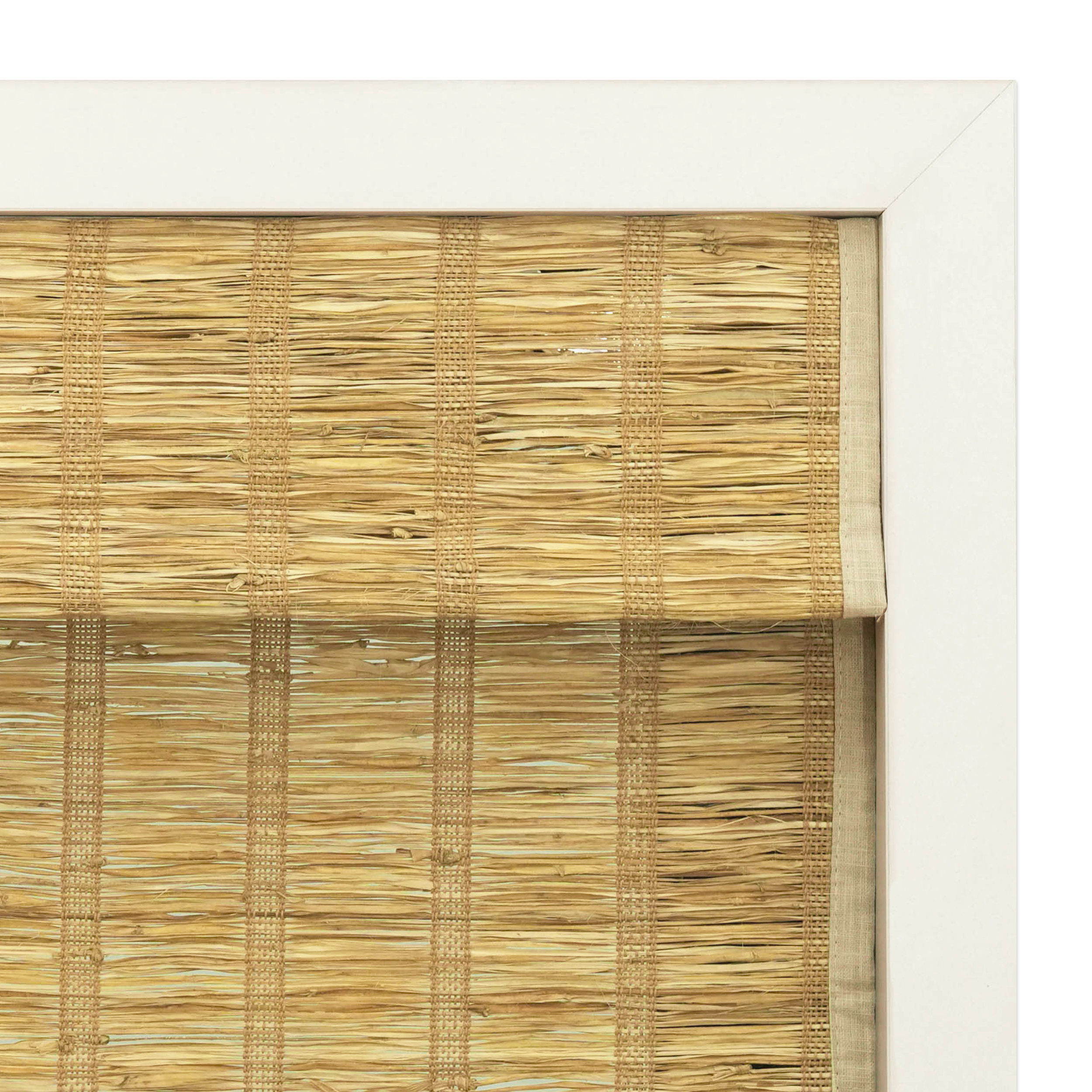 lay natural pure jute linen woven shades with fabric-wrapped valance and inside mount detail, highlighting a seamless finish and breathable woven natural texture | Hestia Blinds