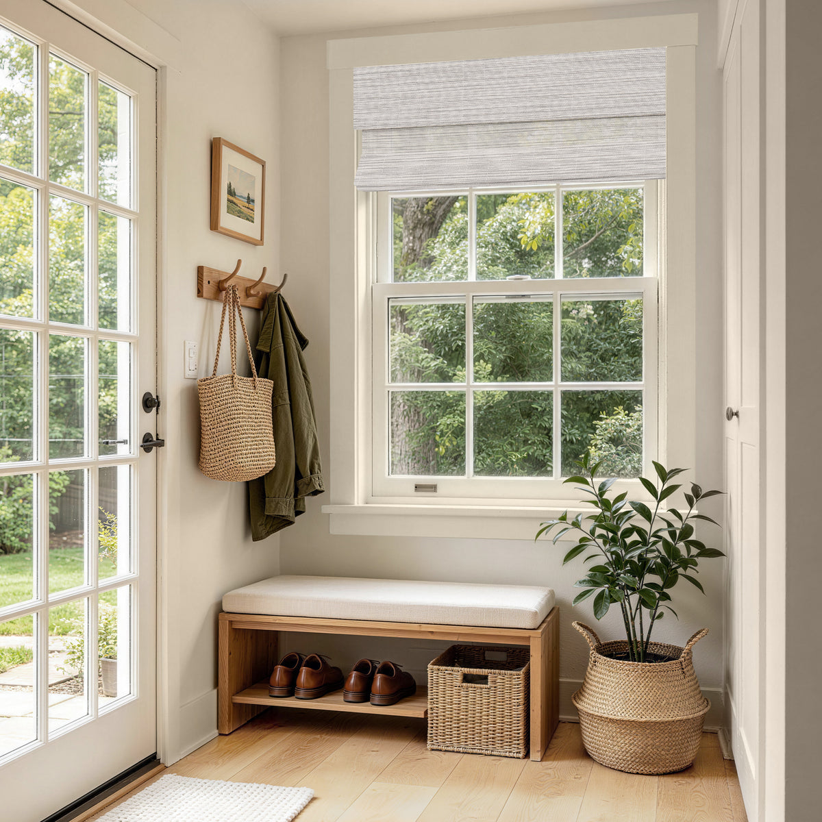 no drill cordless wood yarn woven shades mica white in an entry hall with gentle light diffusion and natural woven texture harmonizing with surrounding greenery | Hestia Blinds