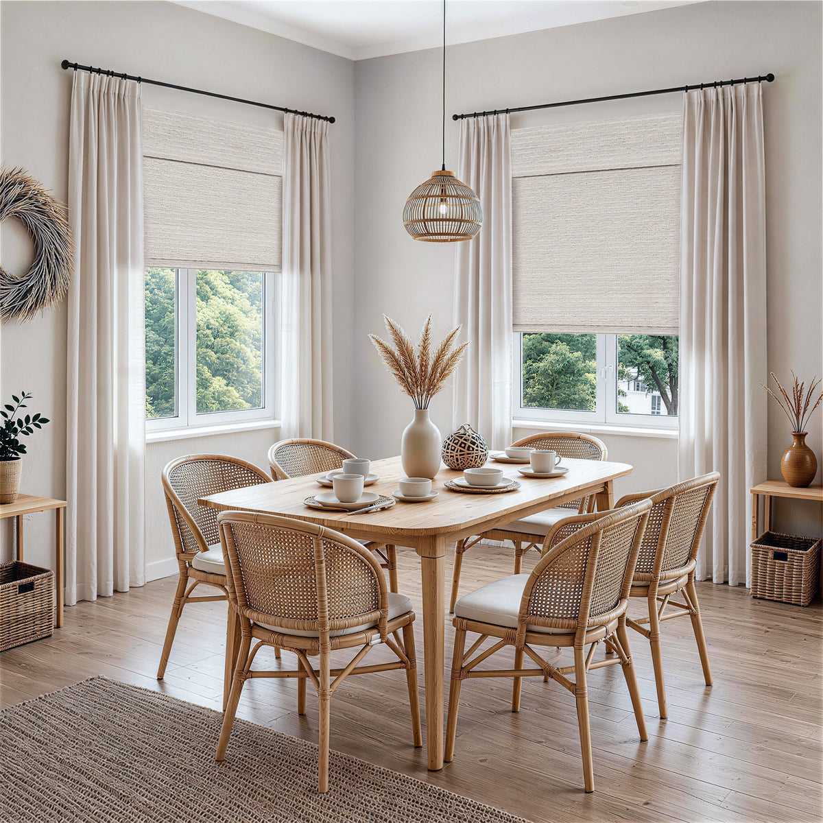 no drill cordless bamboo paper rope shades silver gray combined with sheer light filtering curtains in a dining space with soft daylight and a relaxed, breathable atmosphere | Hestia Blinds