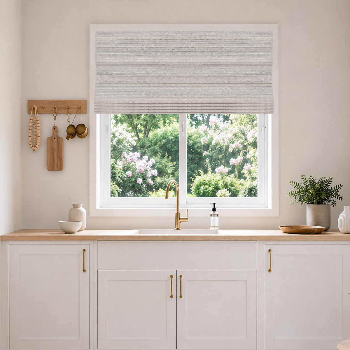 no drill cordless bamboo paper rope shades silver gray in a bright kitchen with natural wood accents and soft blackout coverage for a fresh, balanced, inviting space | Hestia Blinds