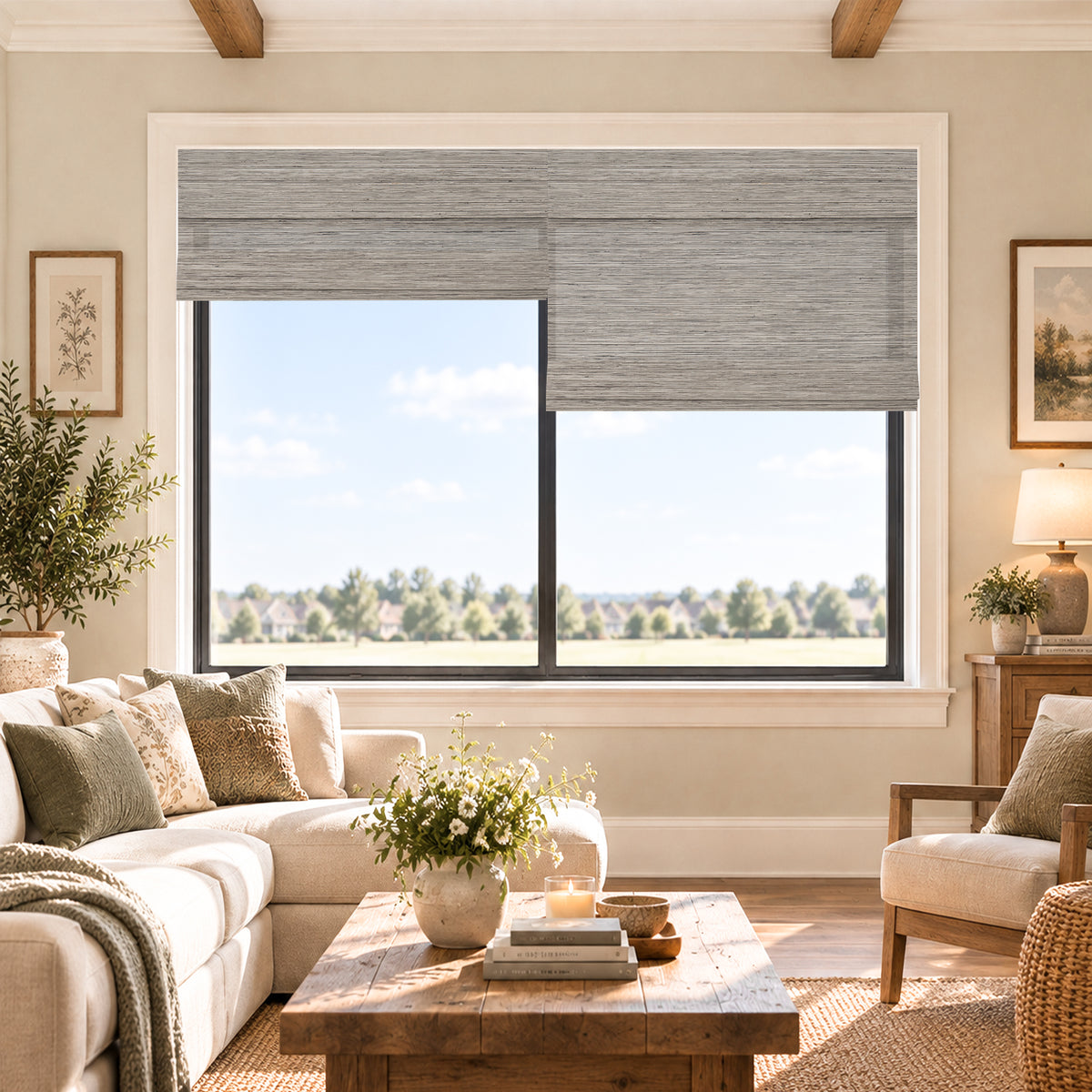 privacy natural bamboo ramie woven shades beige linen in a living space | Hestia Blinds