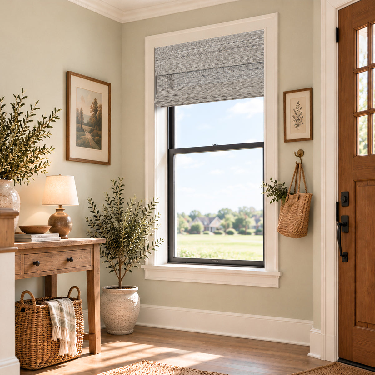 light filtering natural bamboo ramie woven shades beige linen in a living room corner | Hestia Blinds