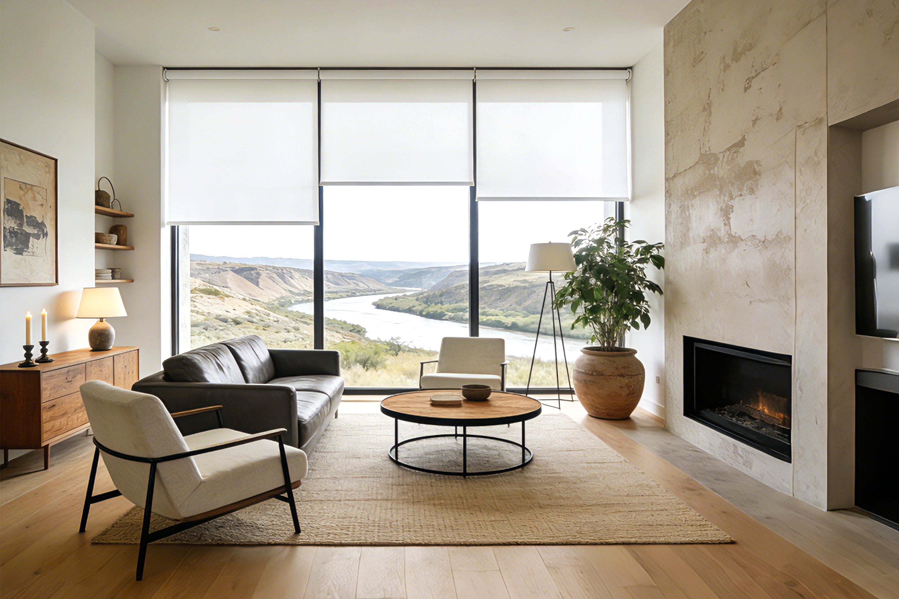 three white cordless roller shades are partially lowered across a large floor-to-ceiling window, providing soft brightness and privacy