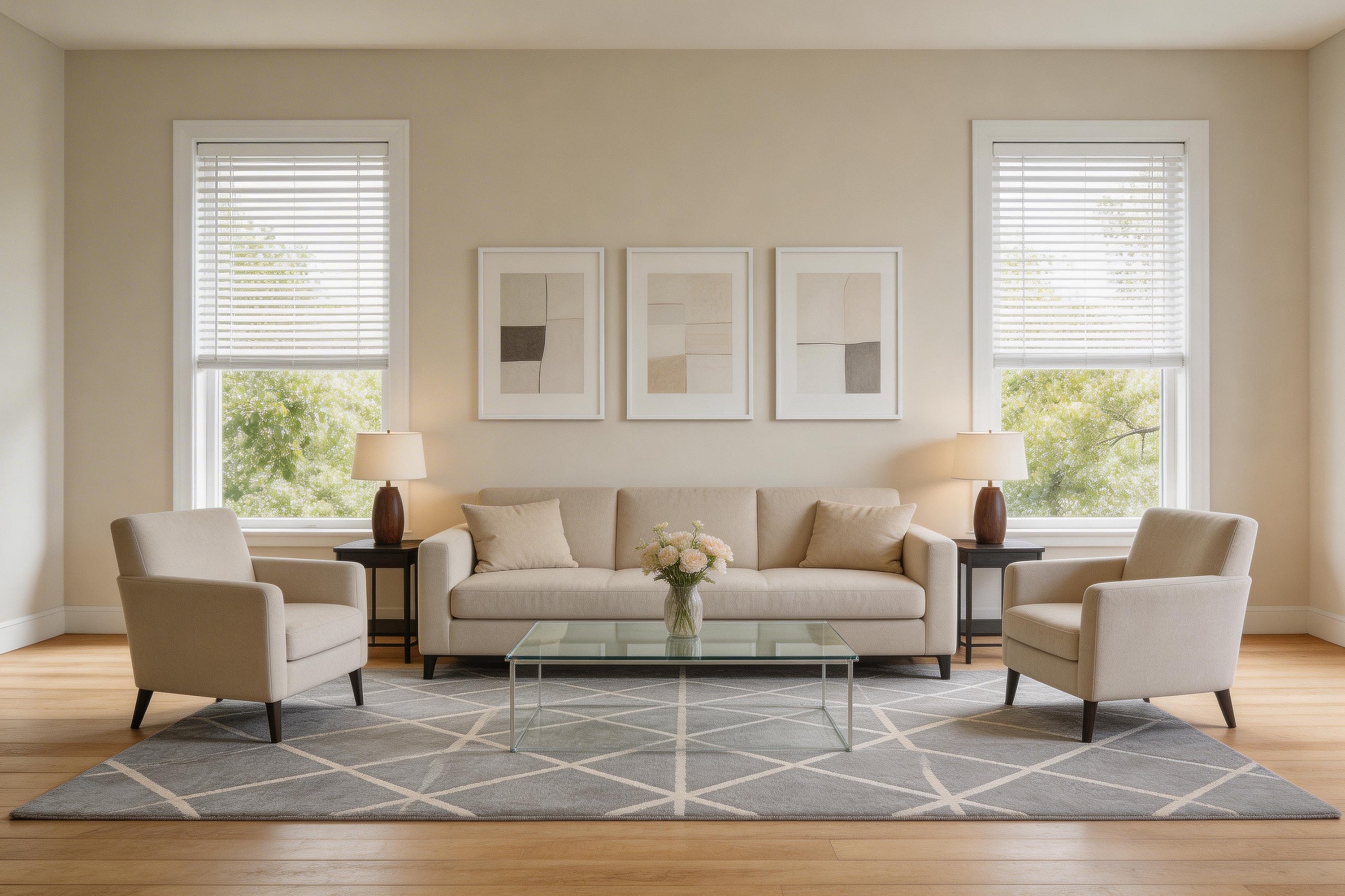 classic white cordless horizontal faux wood blinds provide clean lines and precise light control in a bright, modern living room
