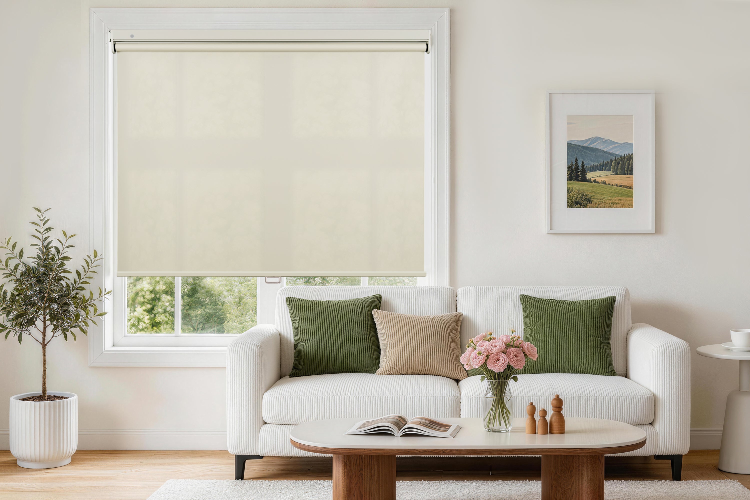 a cream light filtering cordless window roller shade provides a sleek and clean look to a sunlit living room