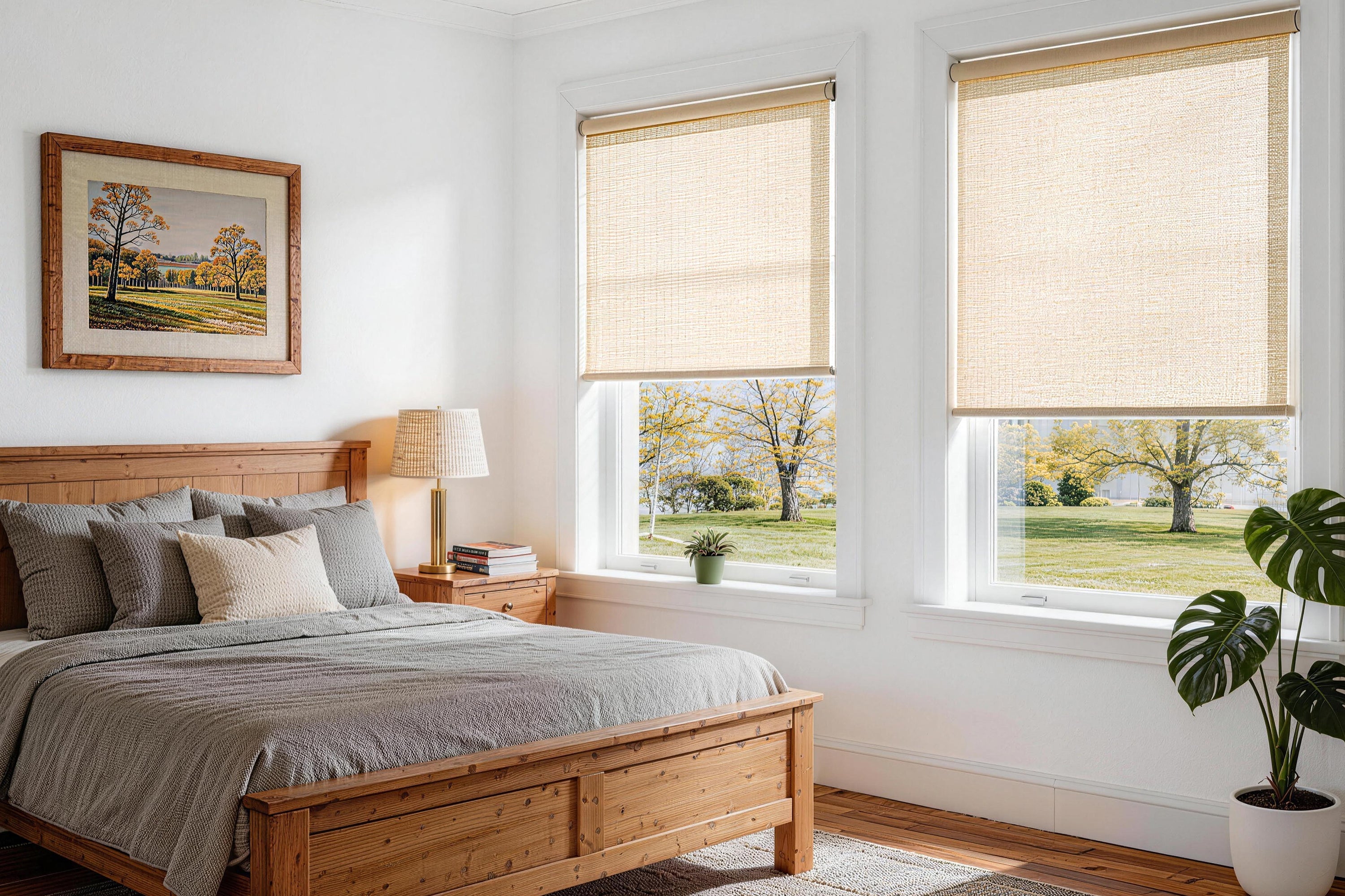 a bright bedroom with two cordless roller shades, sunlight filtering through, showcasing a clean and instantly refreshed space