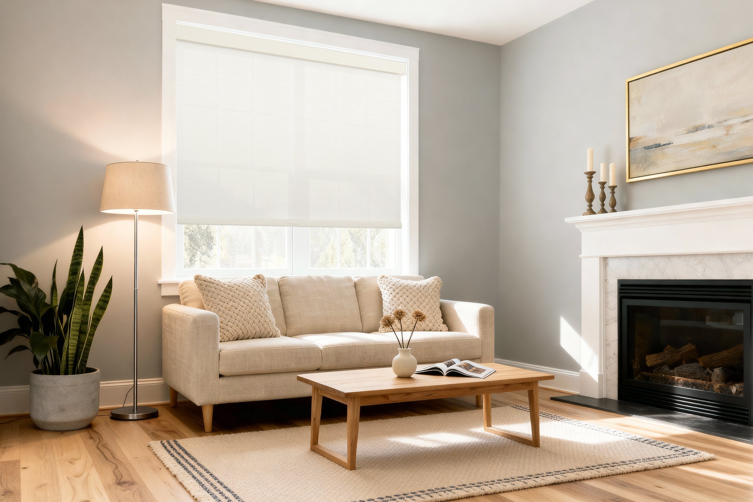 a bright living room centered around a large window fitted with a white light filtering cordless roller shade