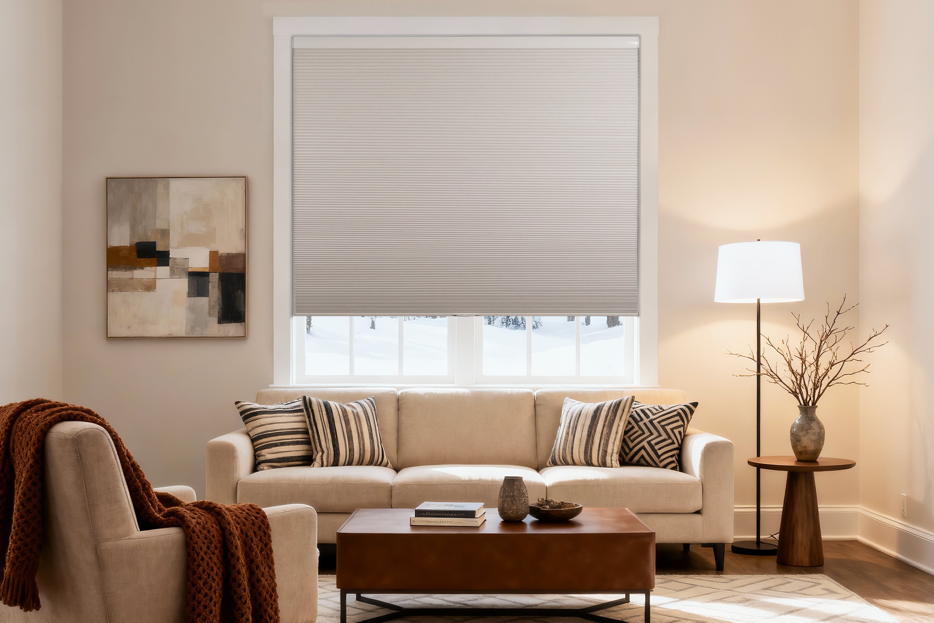 a bright living room featuring a thermal insulated cellular window shade (partially raised) covering a large window