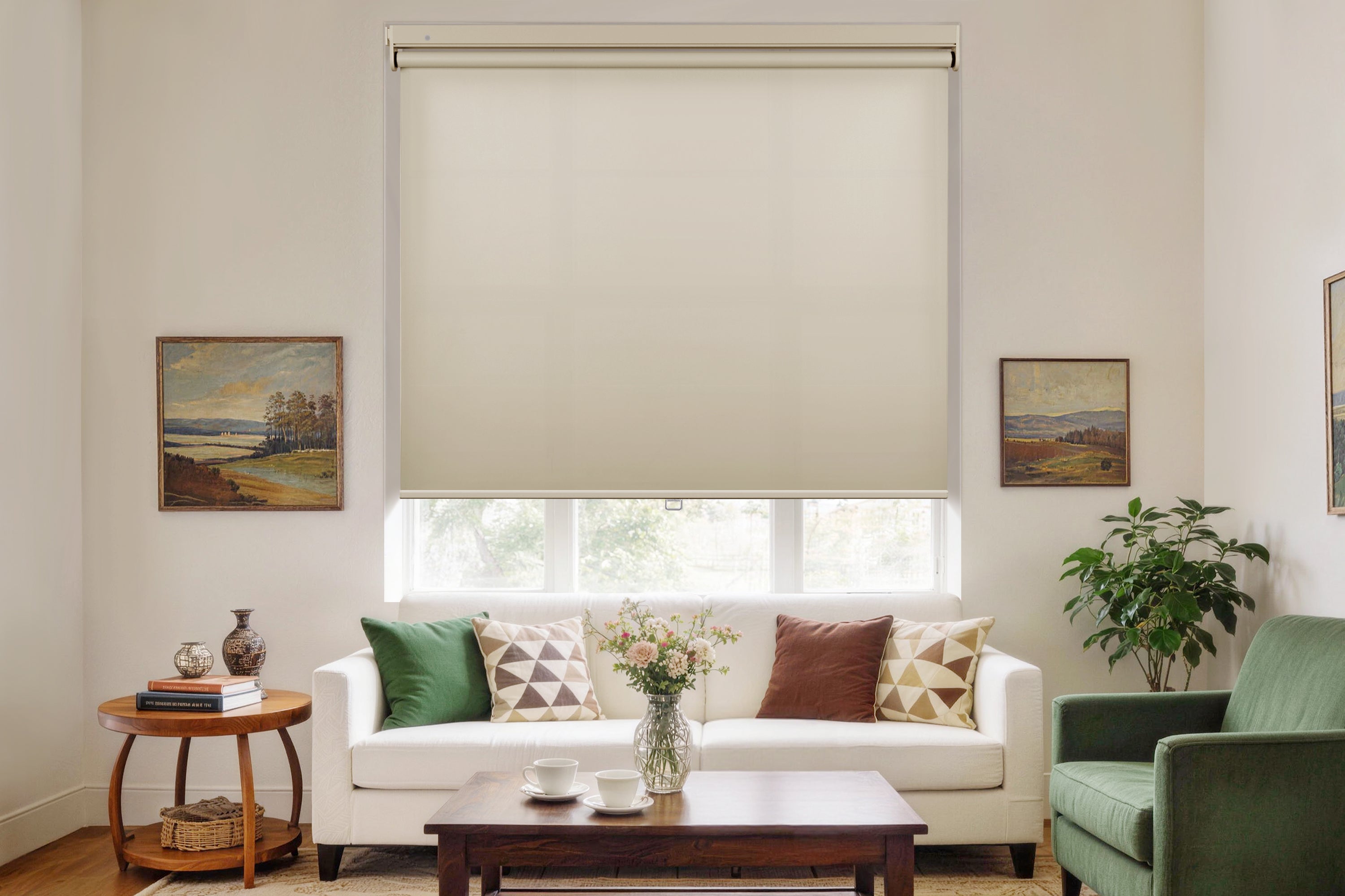 a cream no drill blackout roller shade over a window in a living room, paired with a white sofa, wooden tables, a green armchair, landscape art, and a potted plant