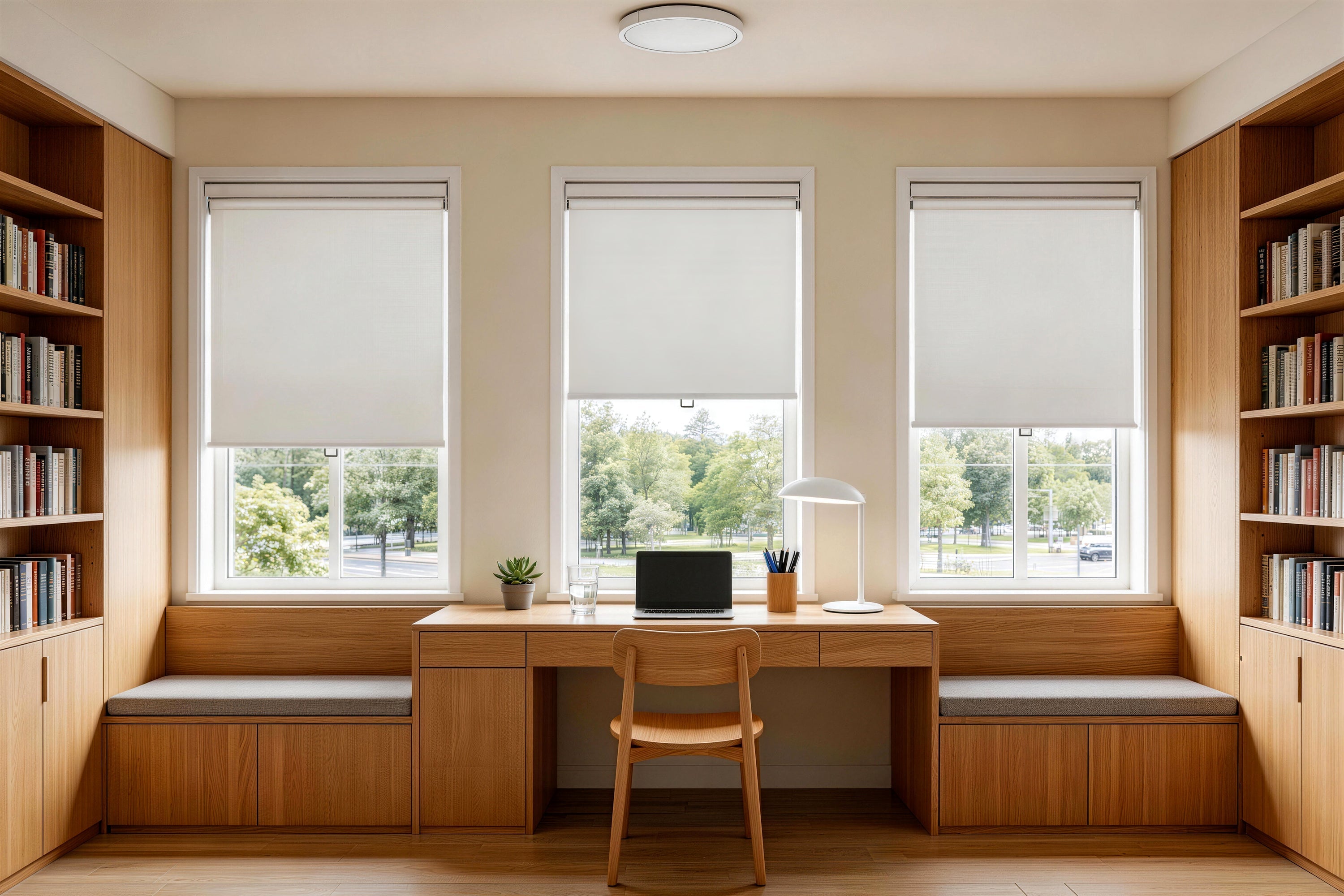sunlit reading room framed by tall bookcases, soft natural light filtering through partially raised roller shades to enhance a spacious, uncluttered feel