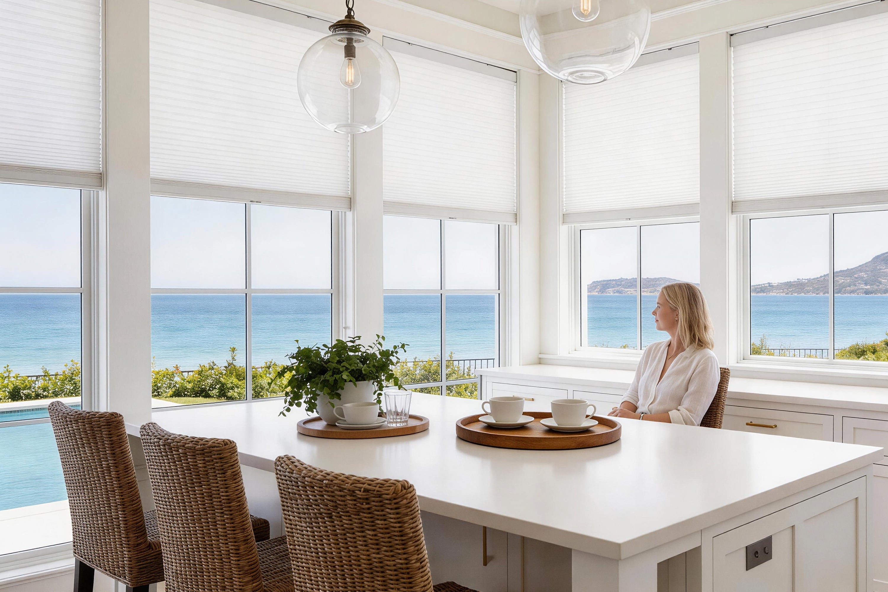 a bright, modern dining room in a seaside home with a cordless light-filtering cellular shade partially open, soft natural light, and a person enjoying the view, highlighting style and comfort.
