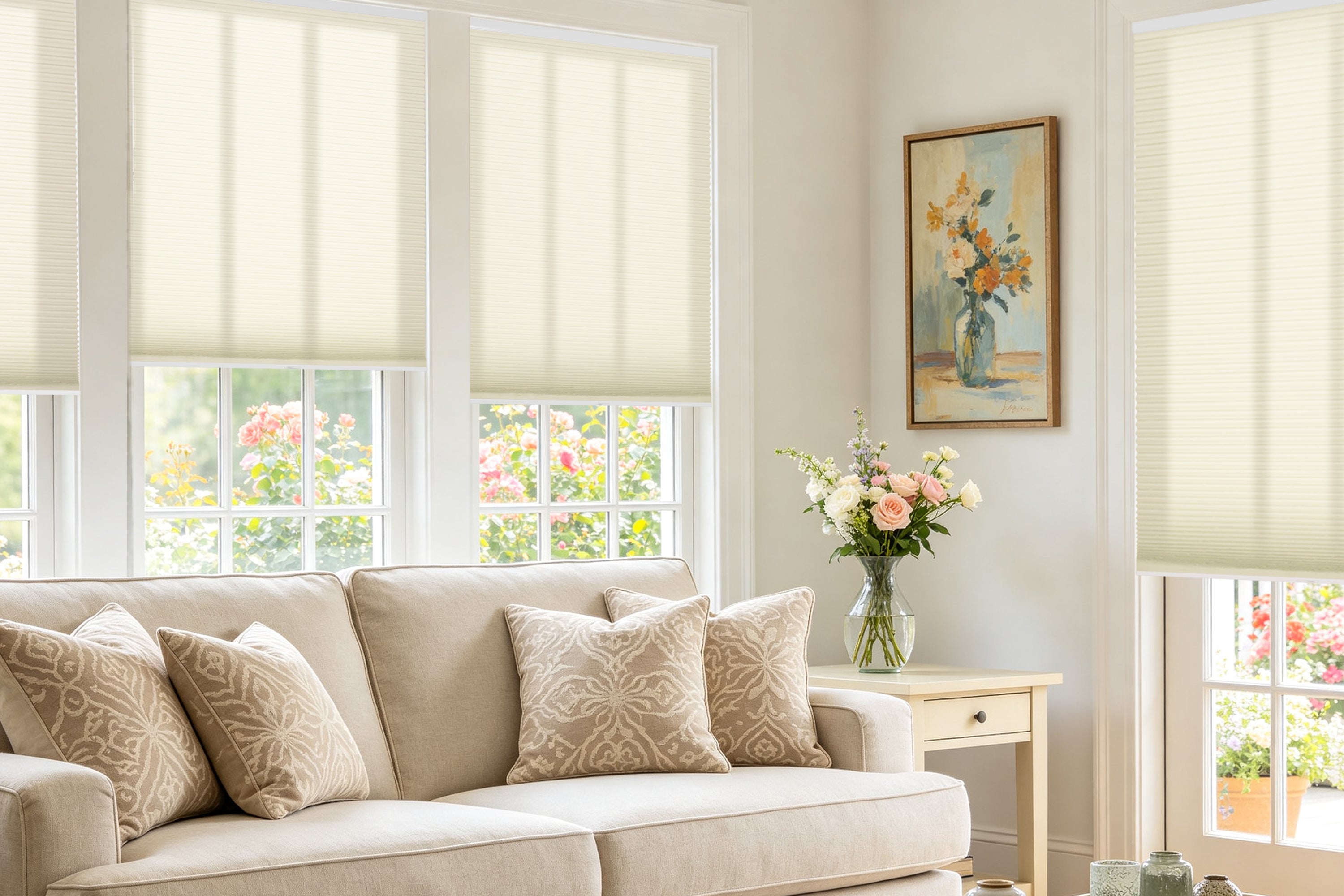 cordless light-filtering Hestia cellular shades in a modern living room with large windows and sliding door, providing privacy, heat insulation, and elegant comfort.