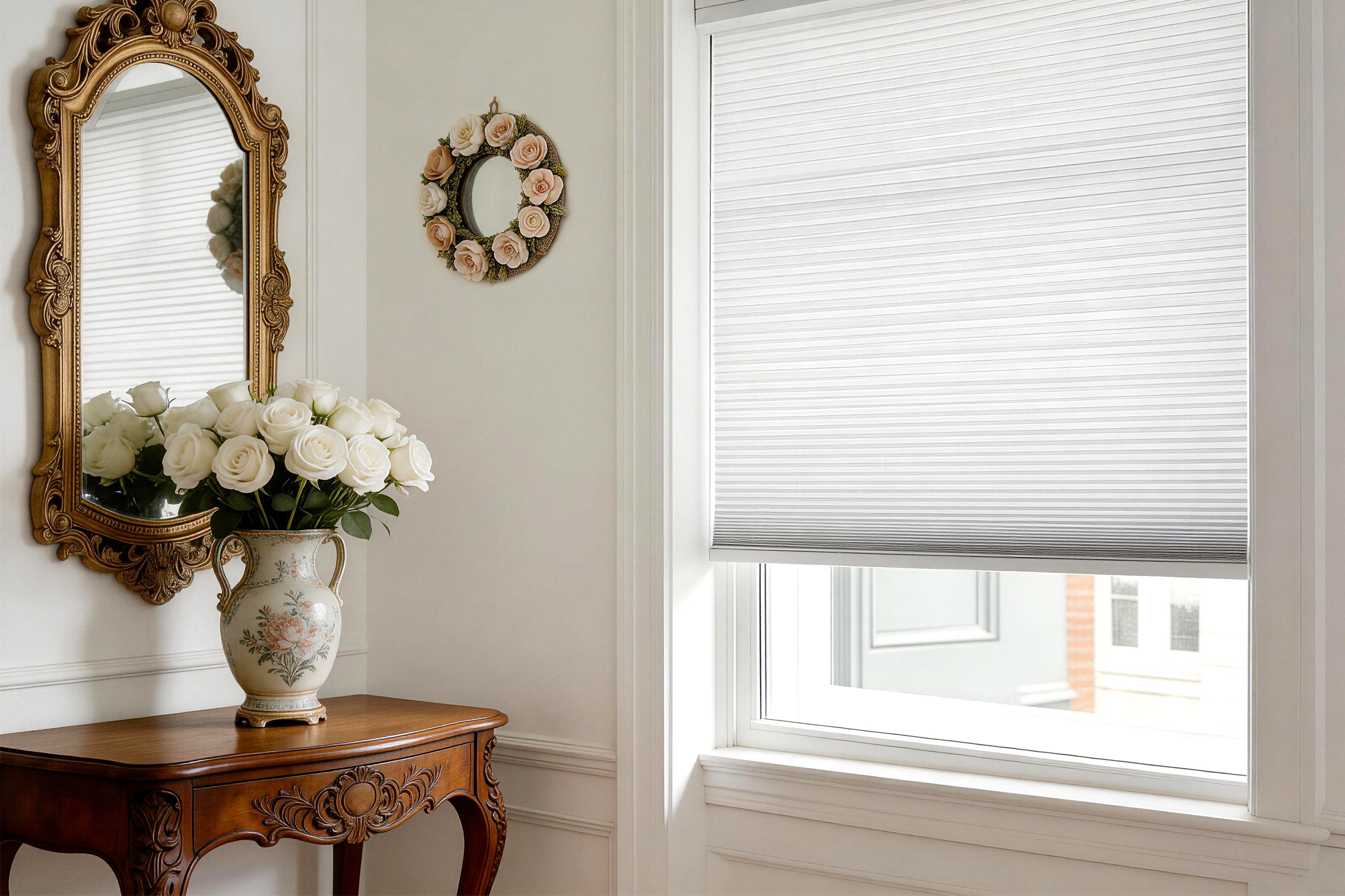 bright living room with a cordless light-filtering cellular shade softly diffusing sunlight, offering privacy, comfort, and energy-saving benefits.