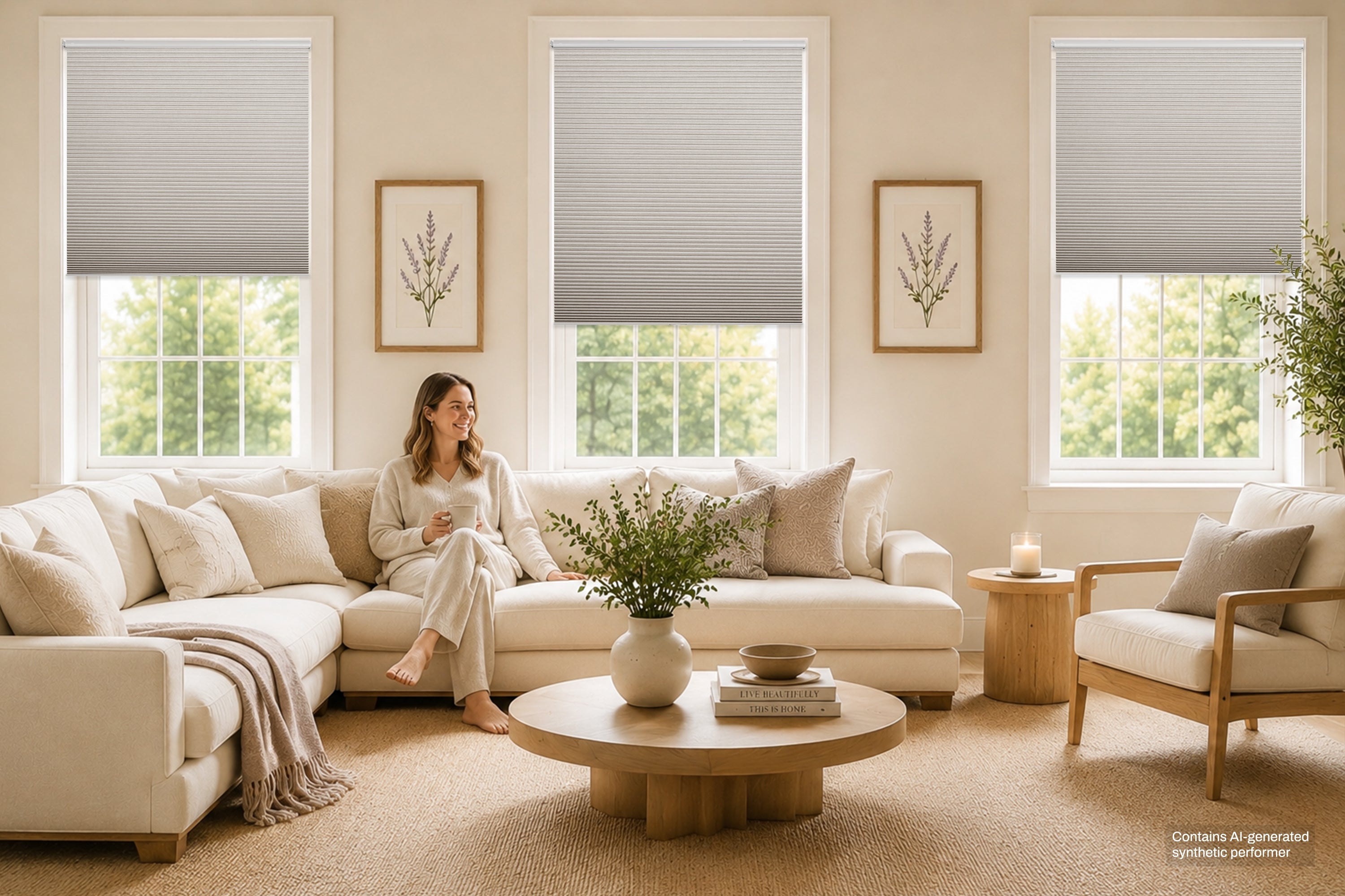 modern cordless light-filtering cellular shades for a bright and comfortable living room, balancing natural light, privacy, and clean contemporary design.
