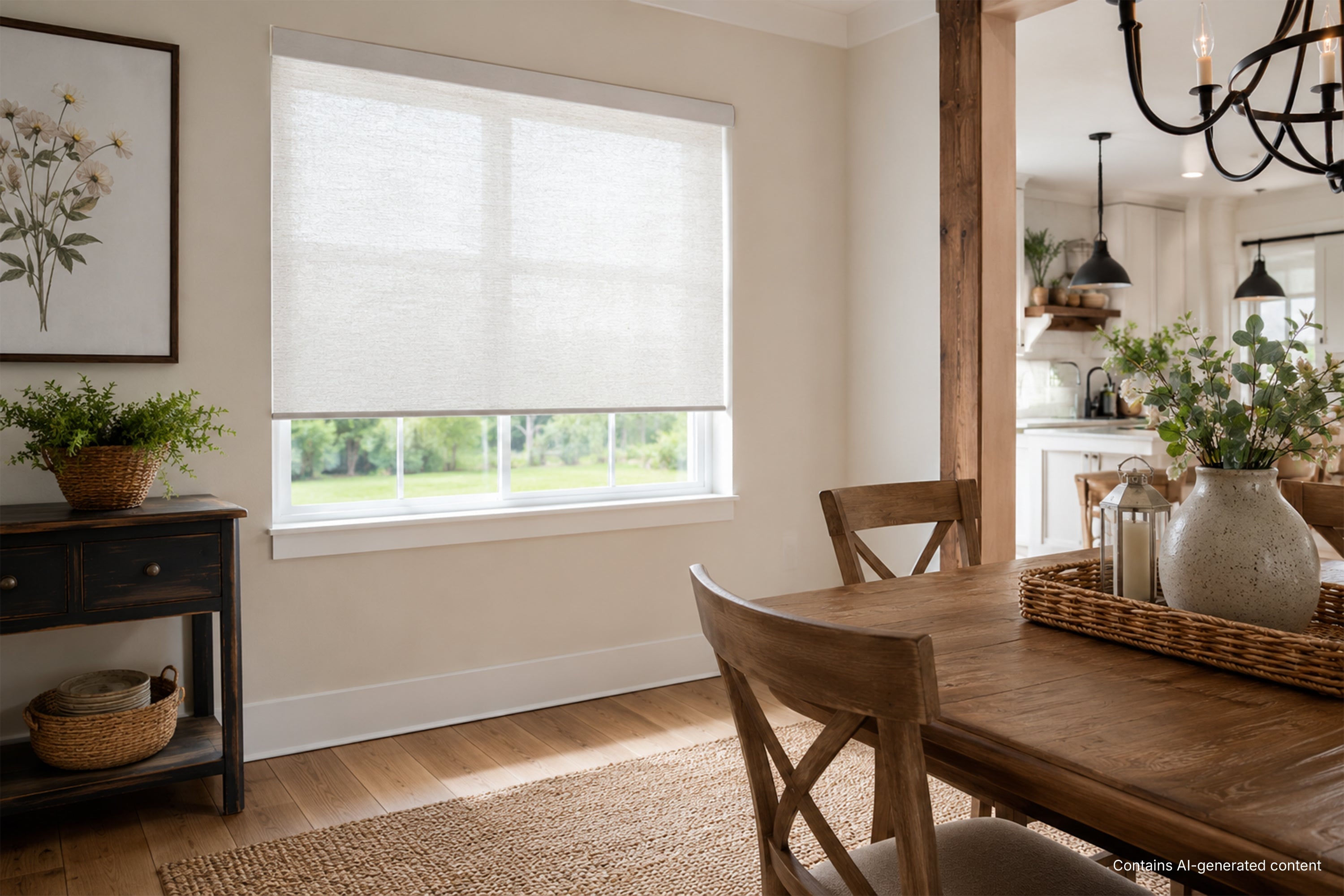 modern farmhouse dining room with light-filtering cordless roller shades creating a soft, airy atmosphere.