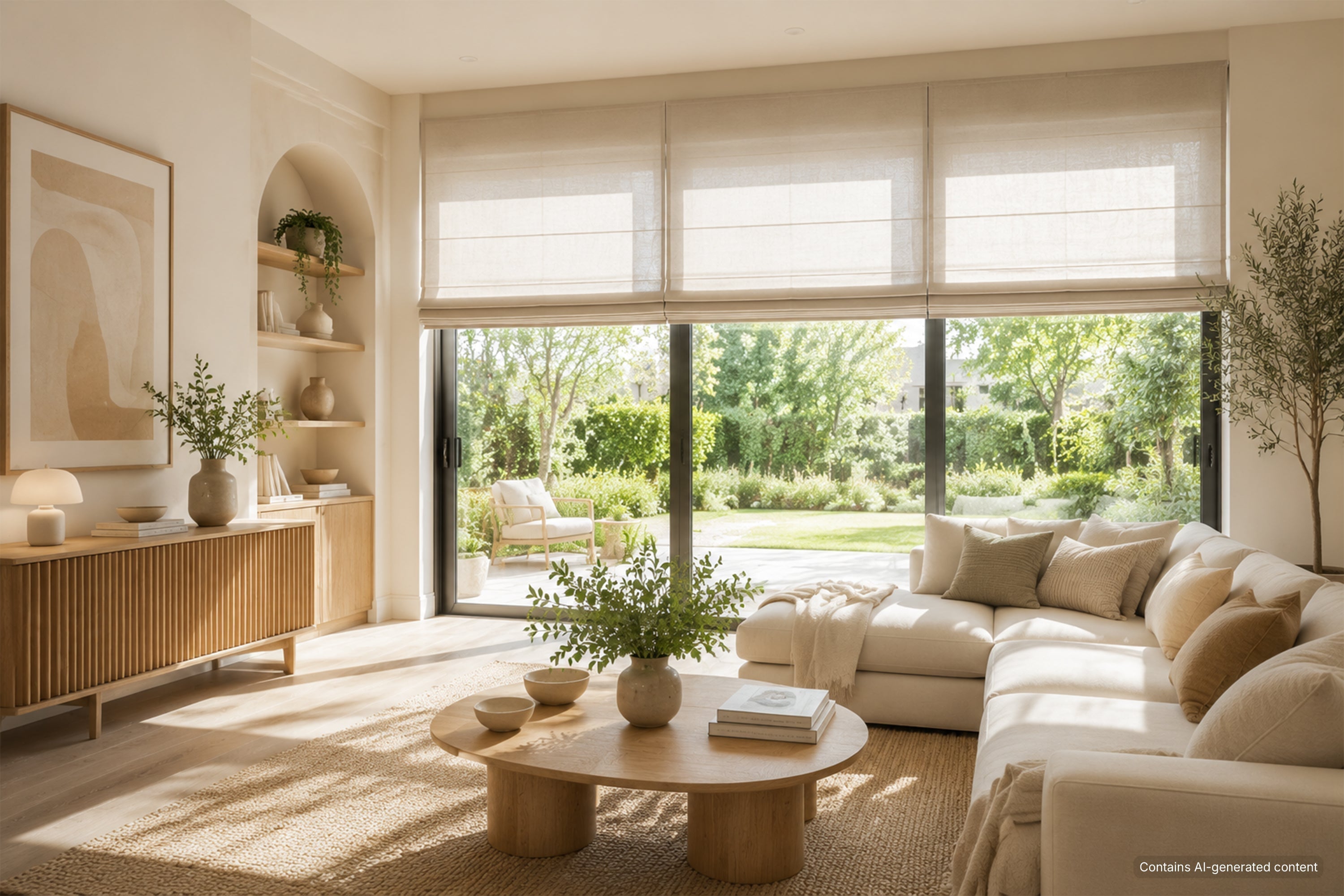 a welcoming farmhouse-inspired living room with cordless Roman shades, where filtered daylight and warm textures create an airy, sophisticated retreat