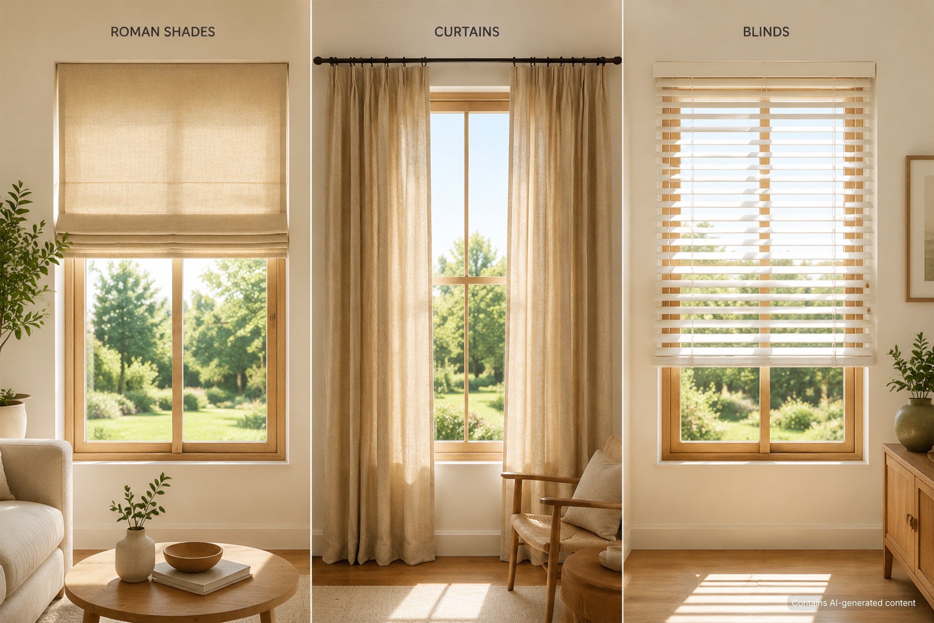 cordless light filtering farmhouse-style roman shades, curtains, and blinds diffuse natural light for a cozy and inviting room